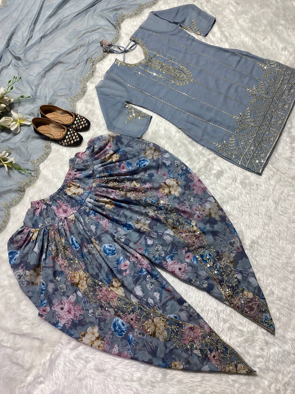 डिज़ाइनर पार्टी वियर लुक टॉप, धोती सलवार और दुपट्टा