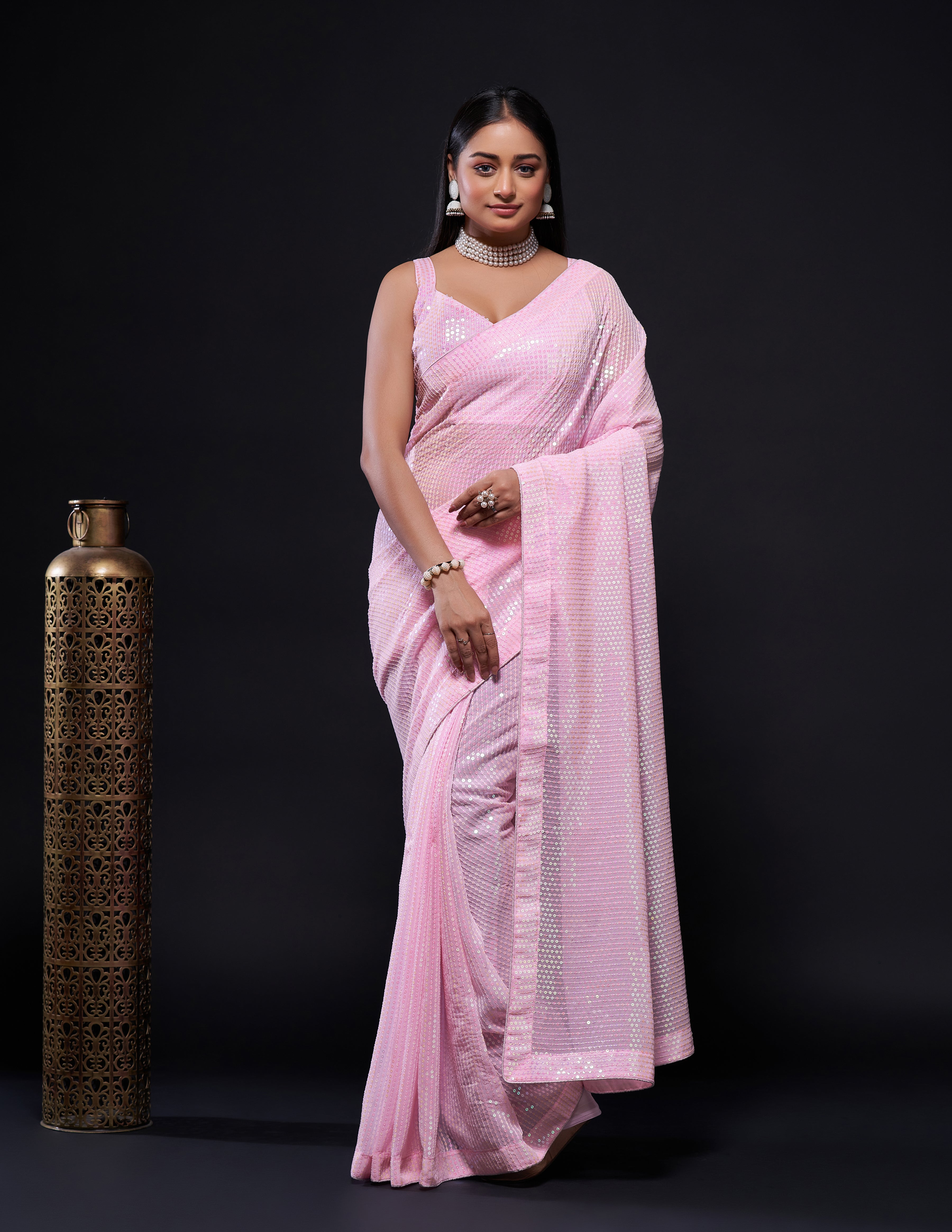 Party Wear Designer Sequence Saree With Piping Border