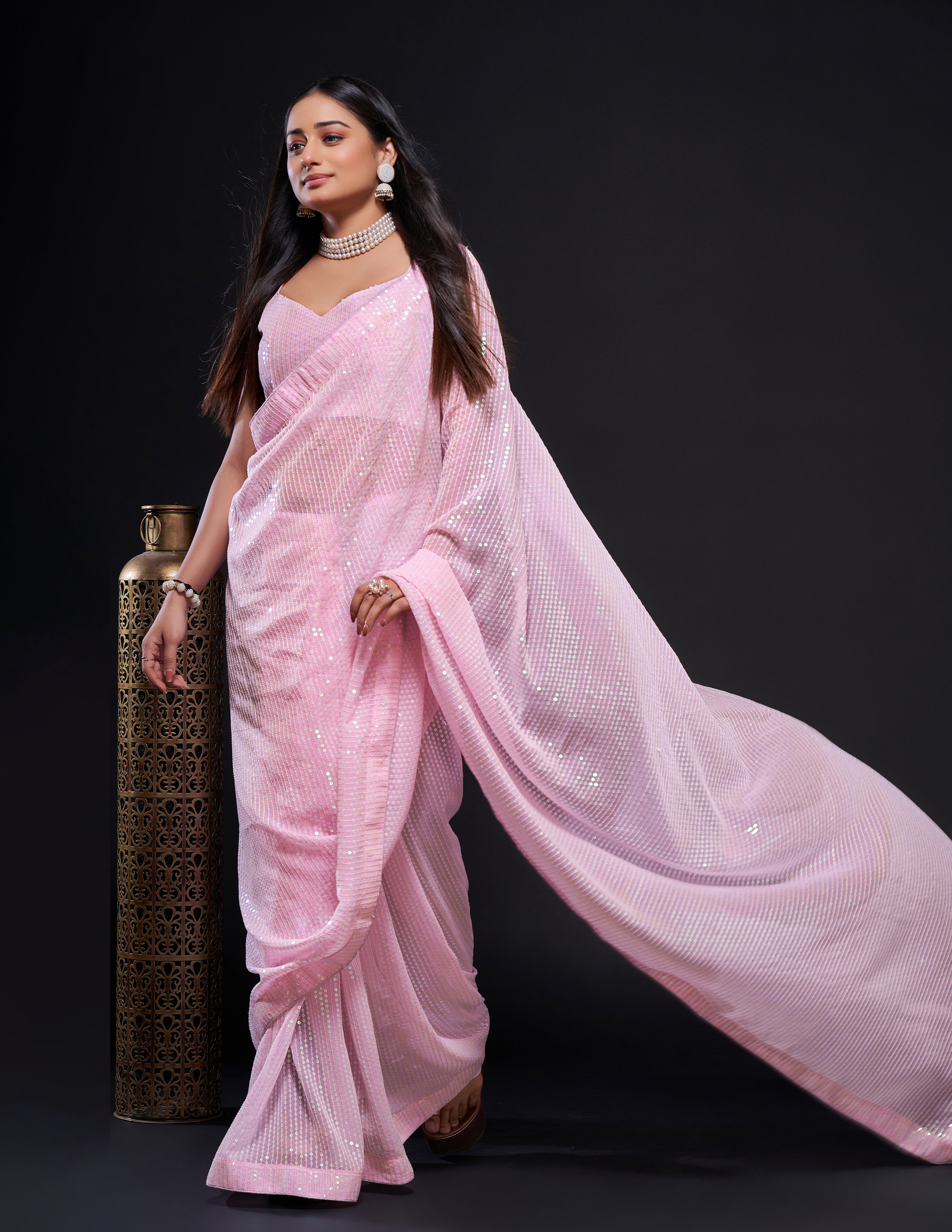 Party Wear Designer Sequence Saree With Piping Border