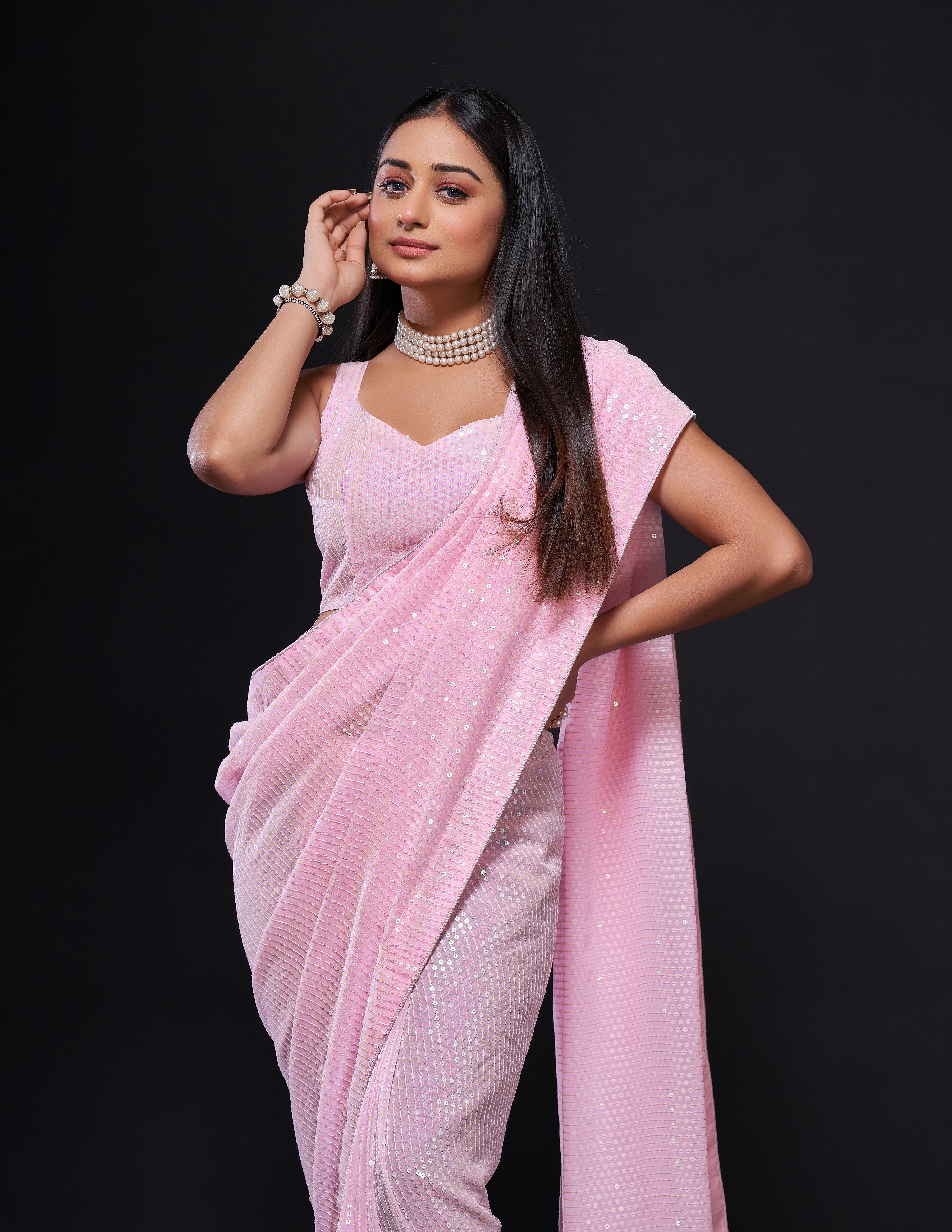 Party Wear Designer Sequence Saree With Piping Border