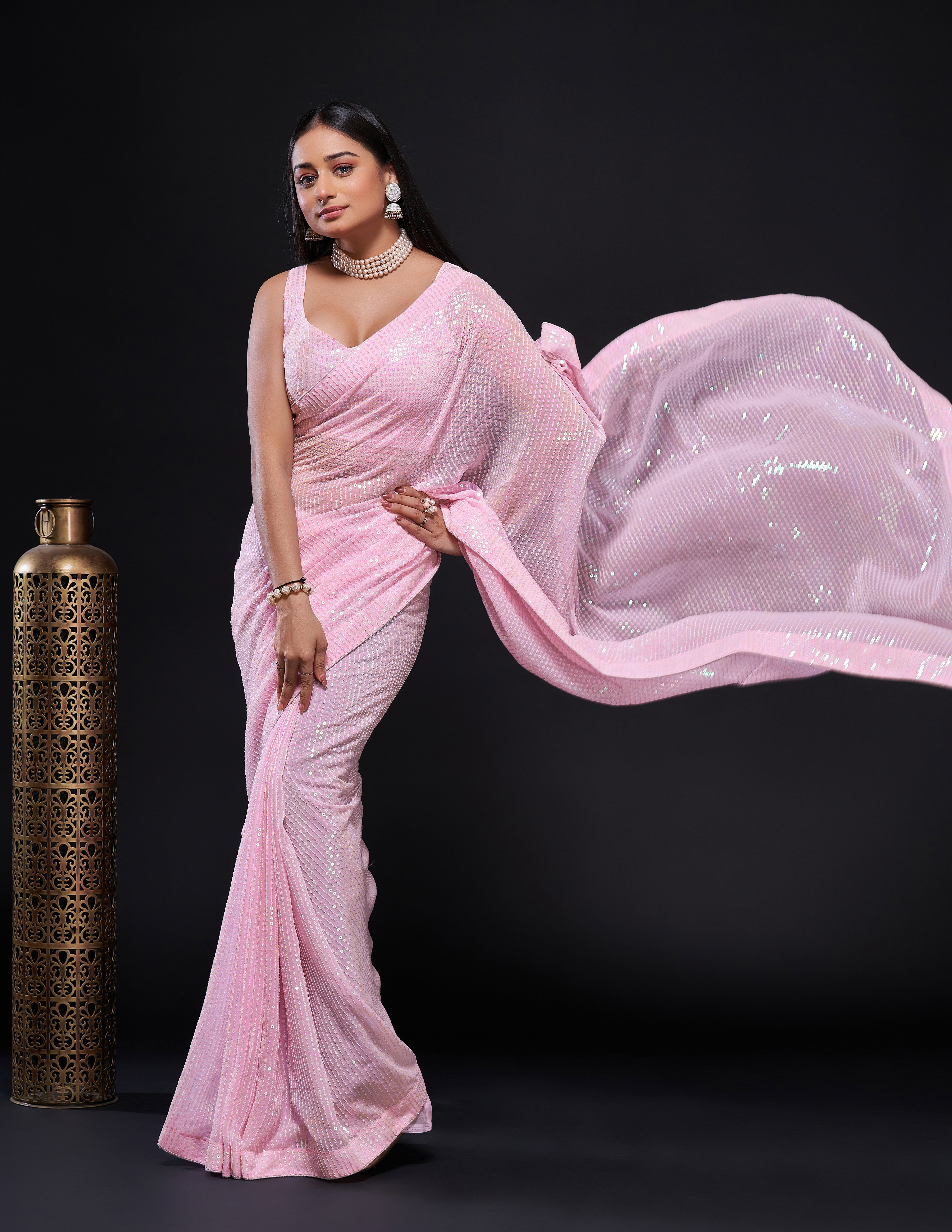 Party Wear Designer Sequence Saree With Piping Border