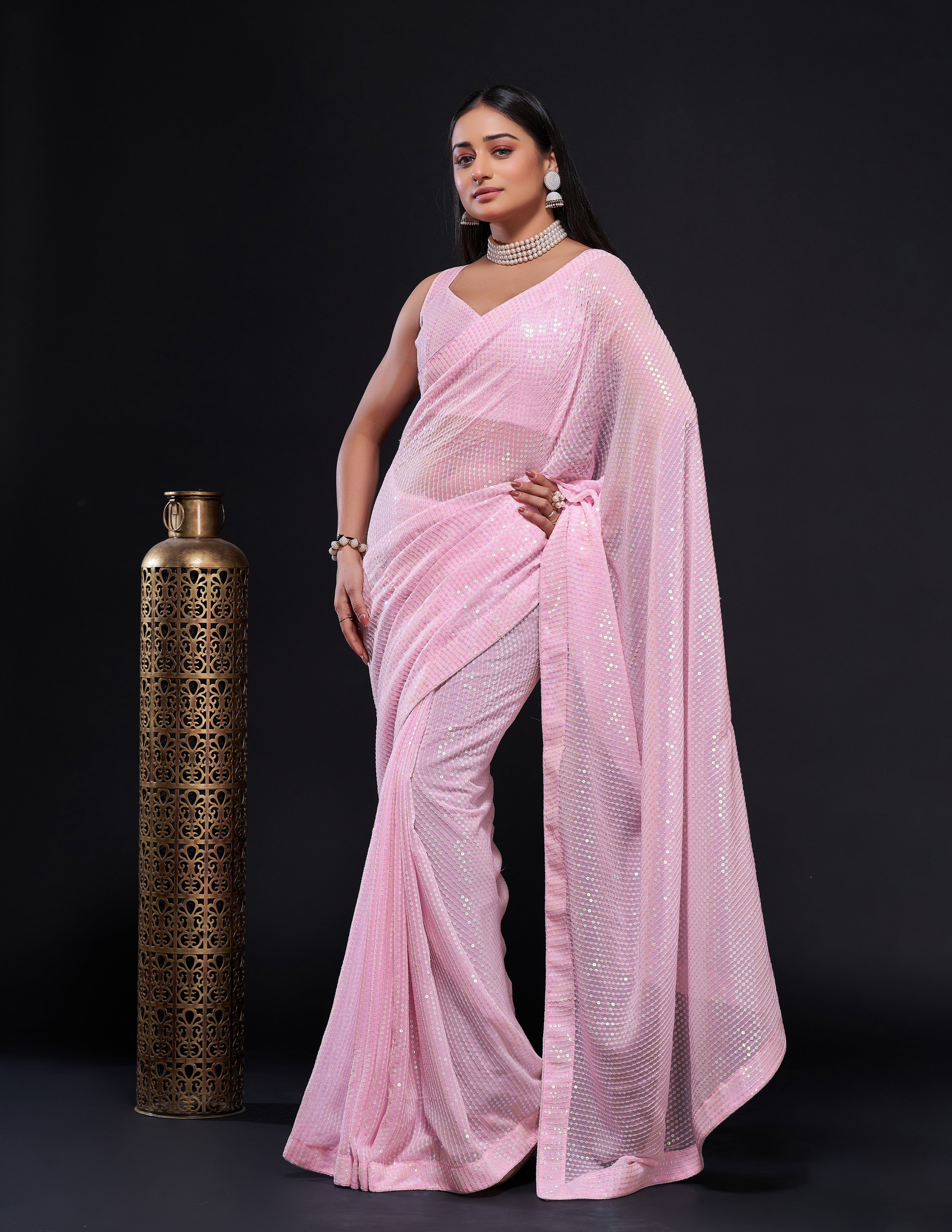 Party Wear Designer Sequence Saree With Piping Border