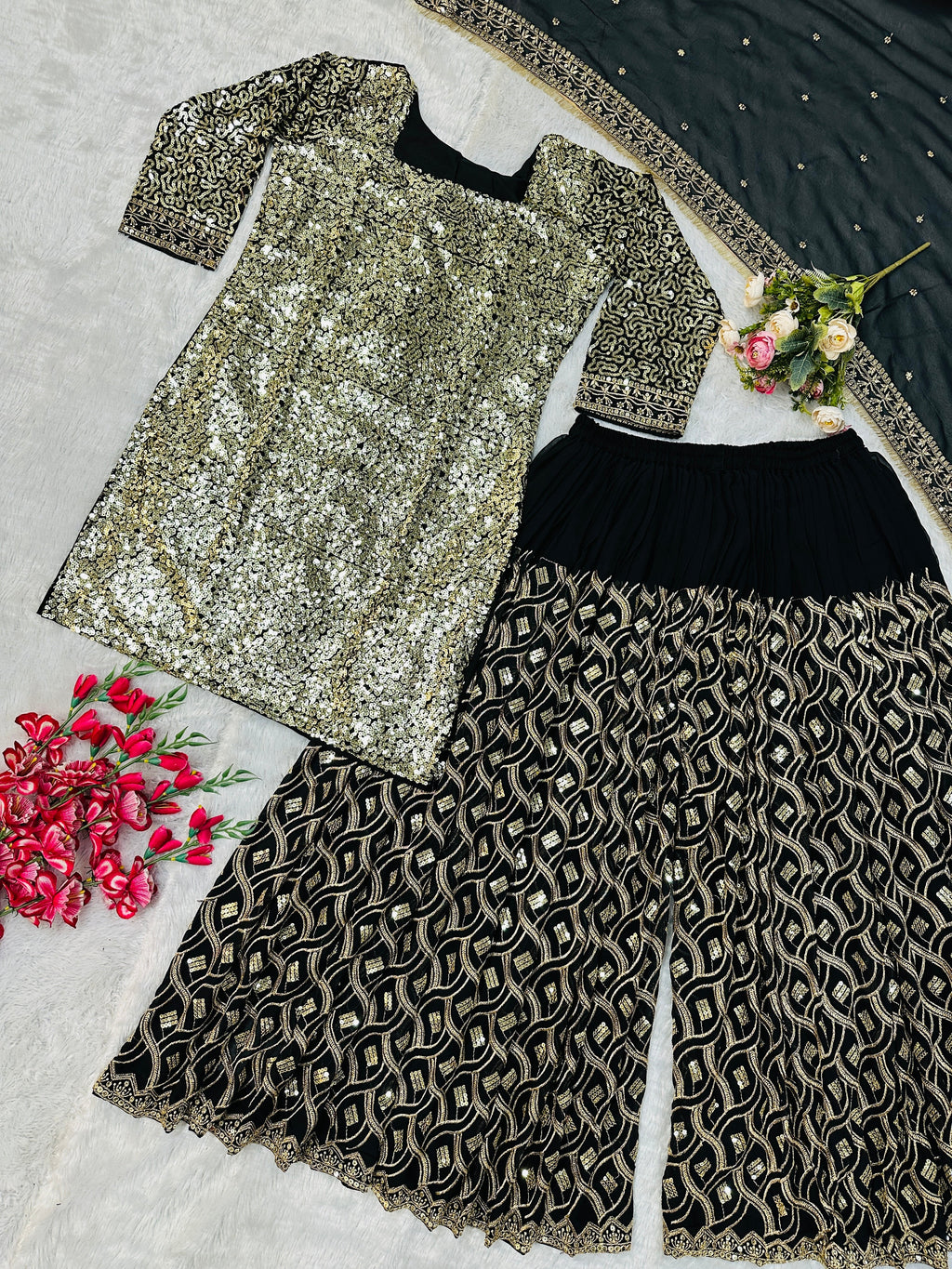 Beautiful Party Wear Top Plazzo And Dupatta With Embroidery Work