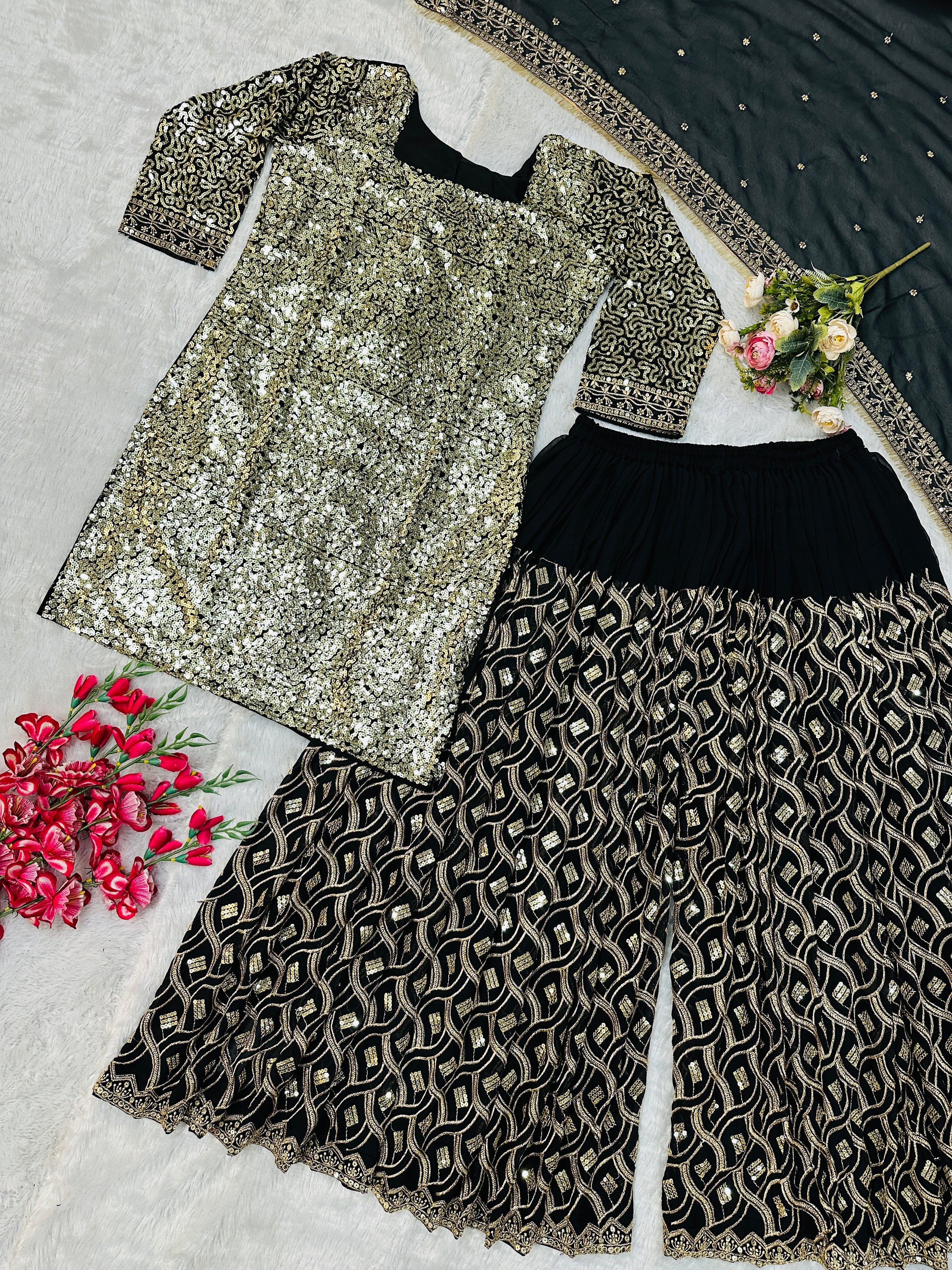 Beautiful Party Wear Top Plazzo And Dupatta With Embroidery Work