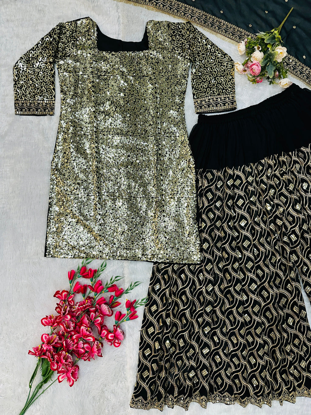 Beautiful Party Wear Top Plazzo And Dupatta With Embroidery Work