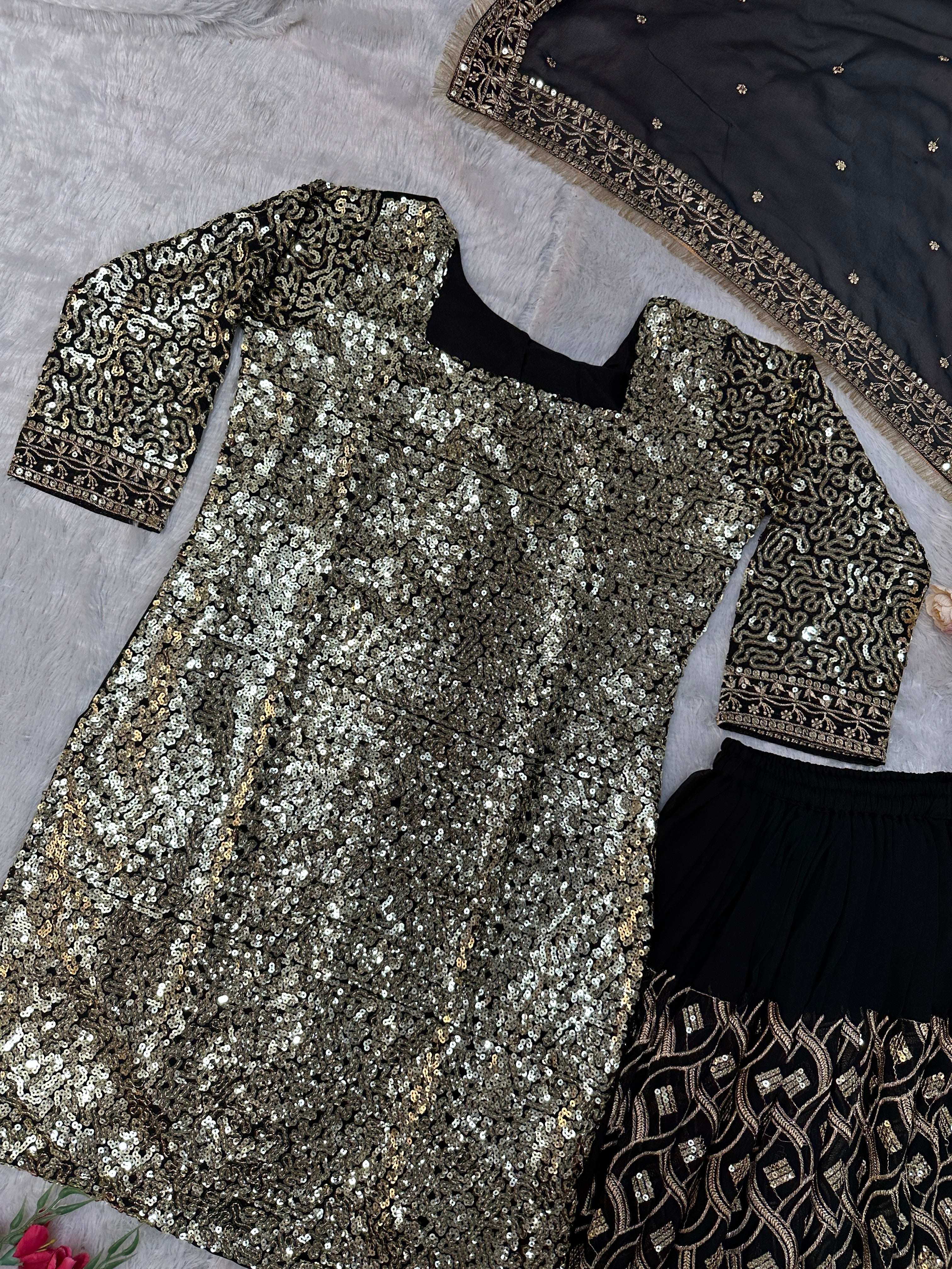 Beautiful Party Wear Top Plazzo And Dupatta With Embroidery Work