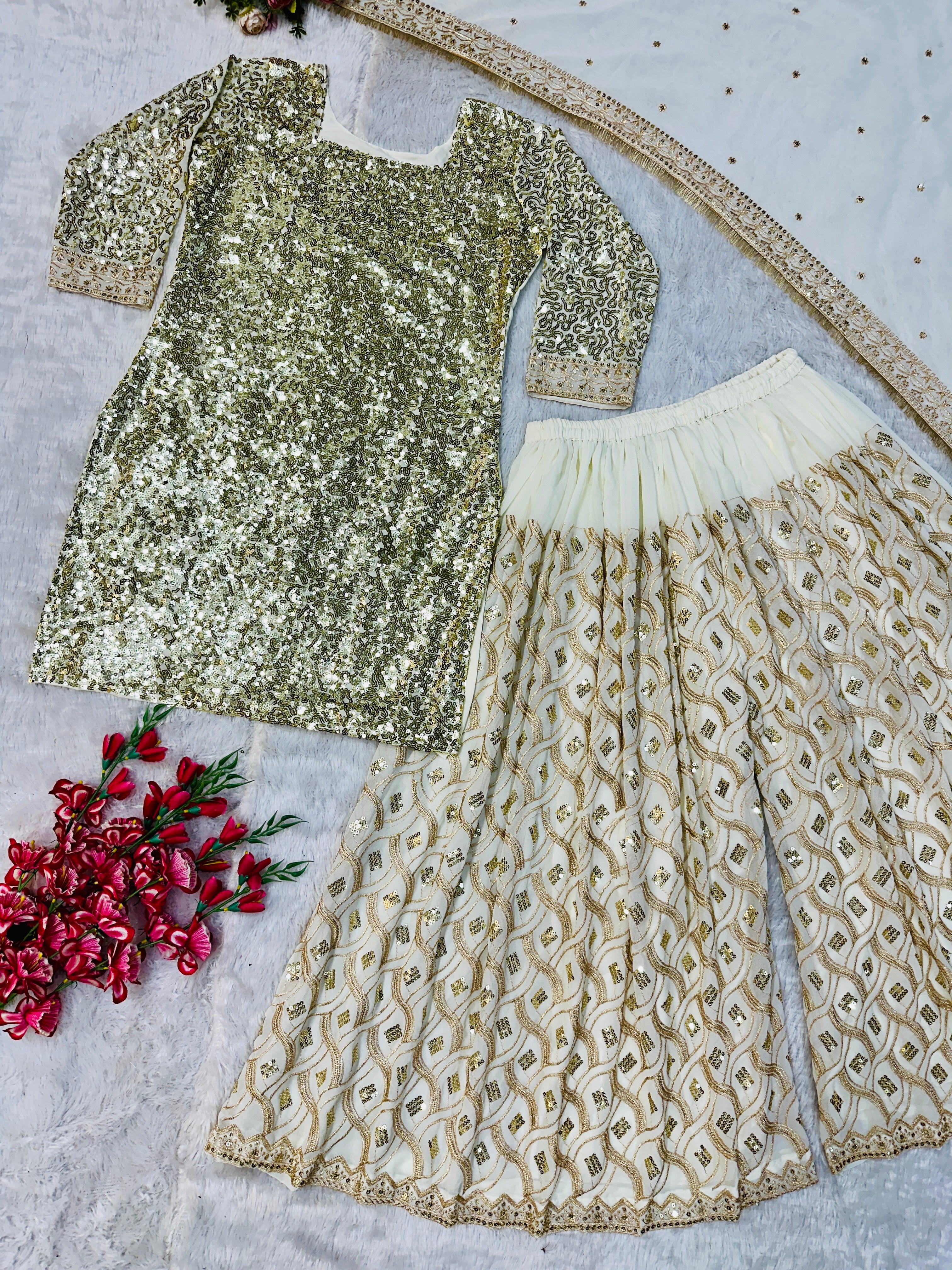 Beautiful Party Wear Top Plazzo And Dupatta With Embroidery Work