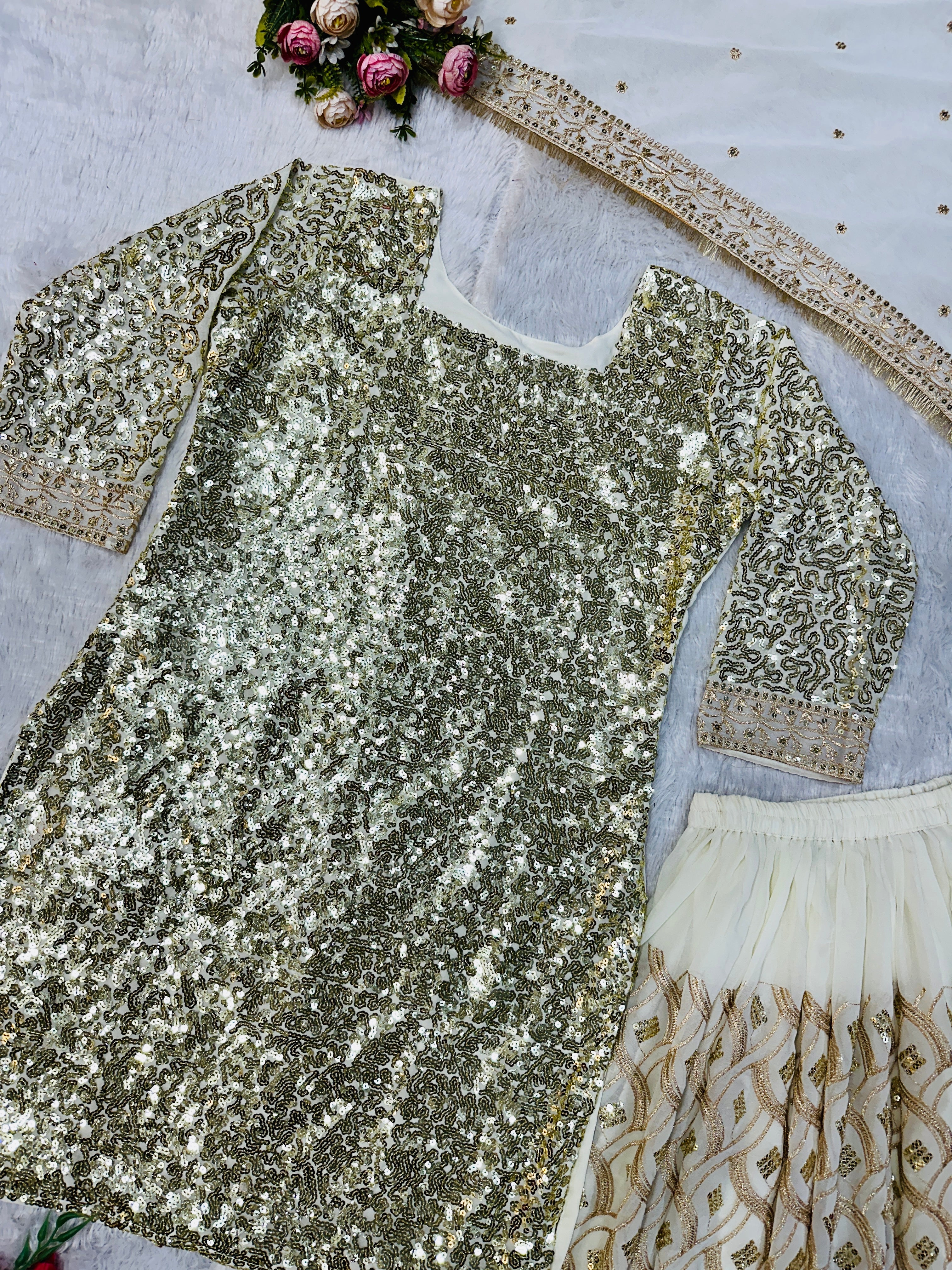 Beautiful Party Wear Top Plazzo And Dupatta With Embroidery Work