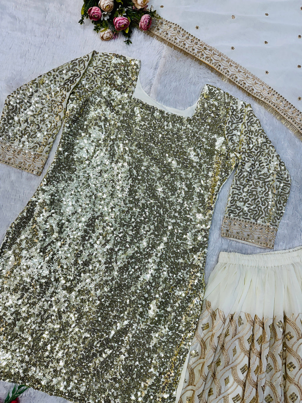 Beautiful Party Wear Top Plazzo And Dupatta With Embroidery Work