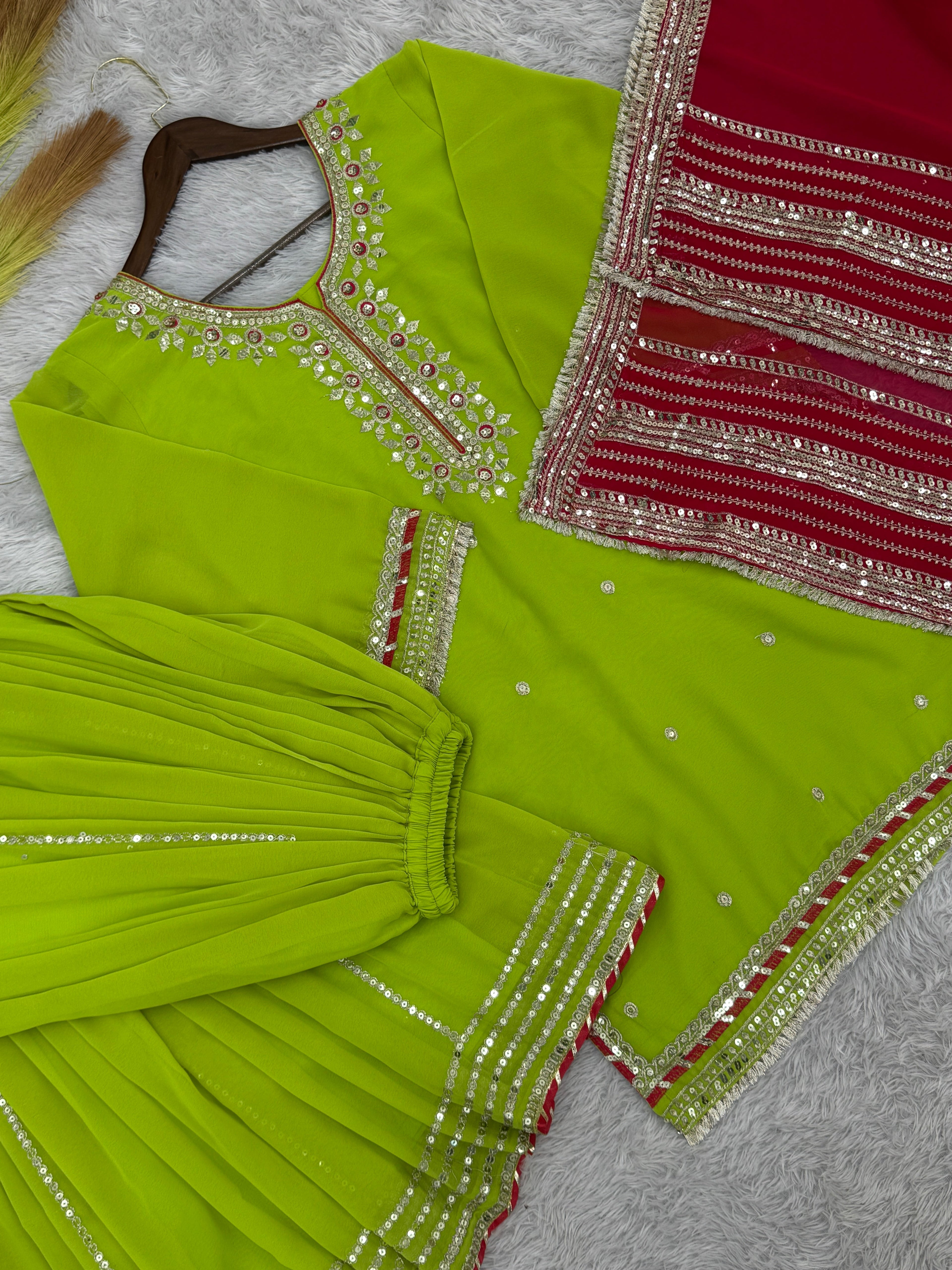 Beautiful Party Wear Top Plazzo And Dupatta With Embroidery Work