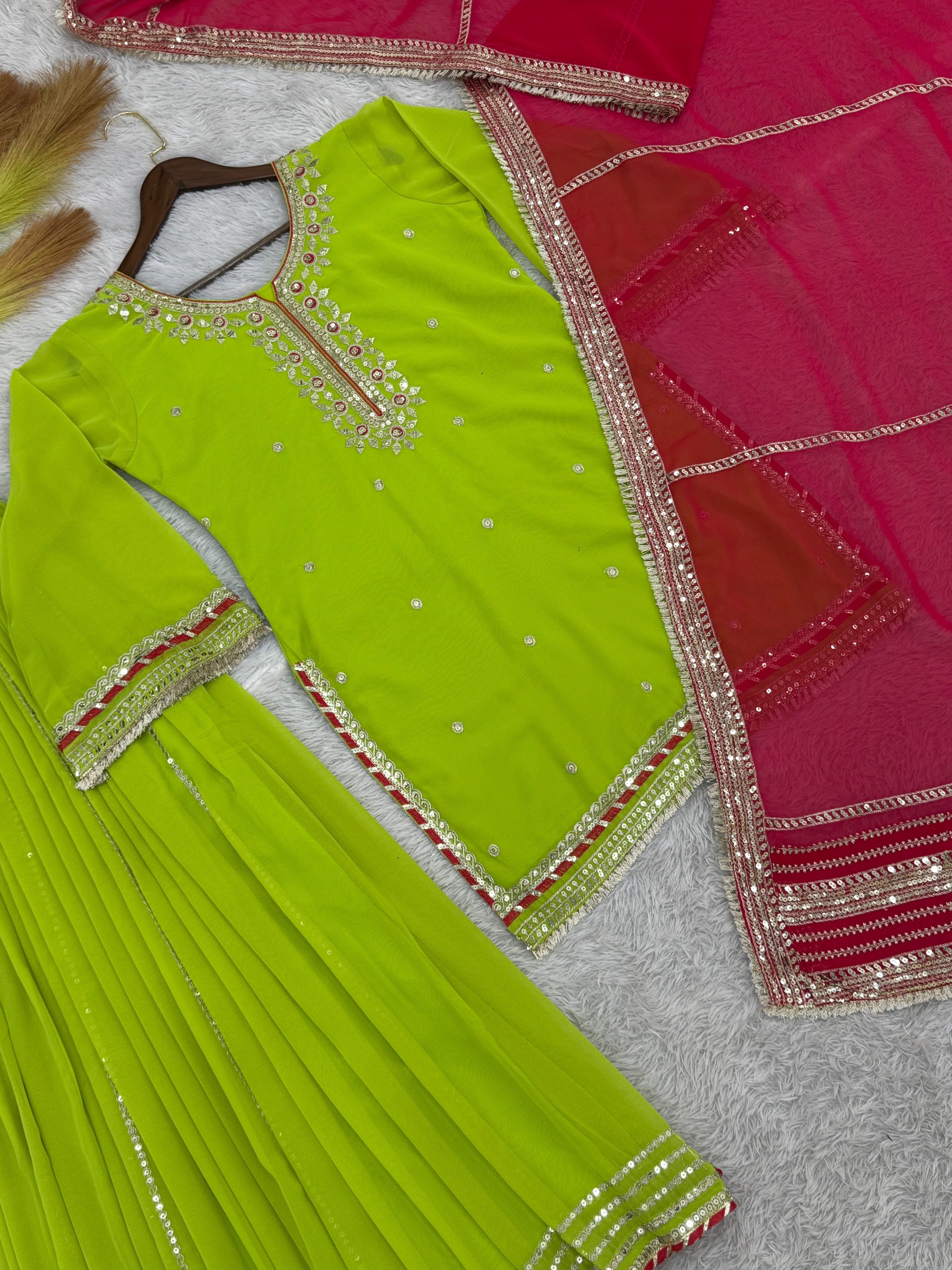 Beautiful Party Wear Top Plazzo And Dupatta With Embroidery Work