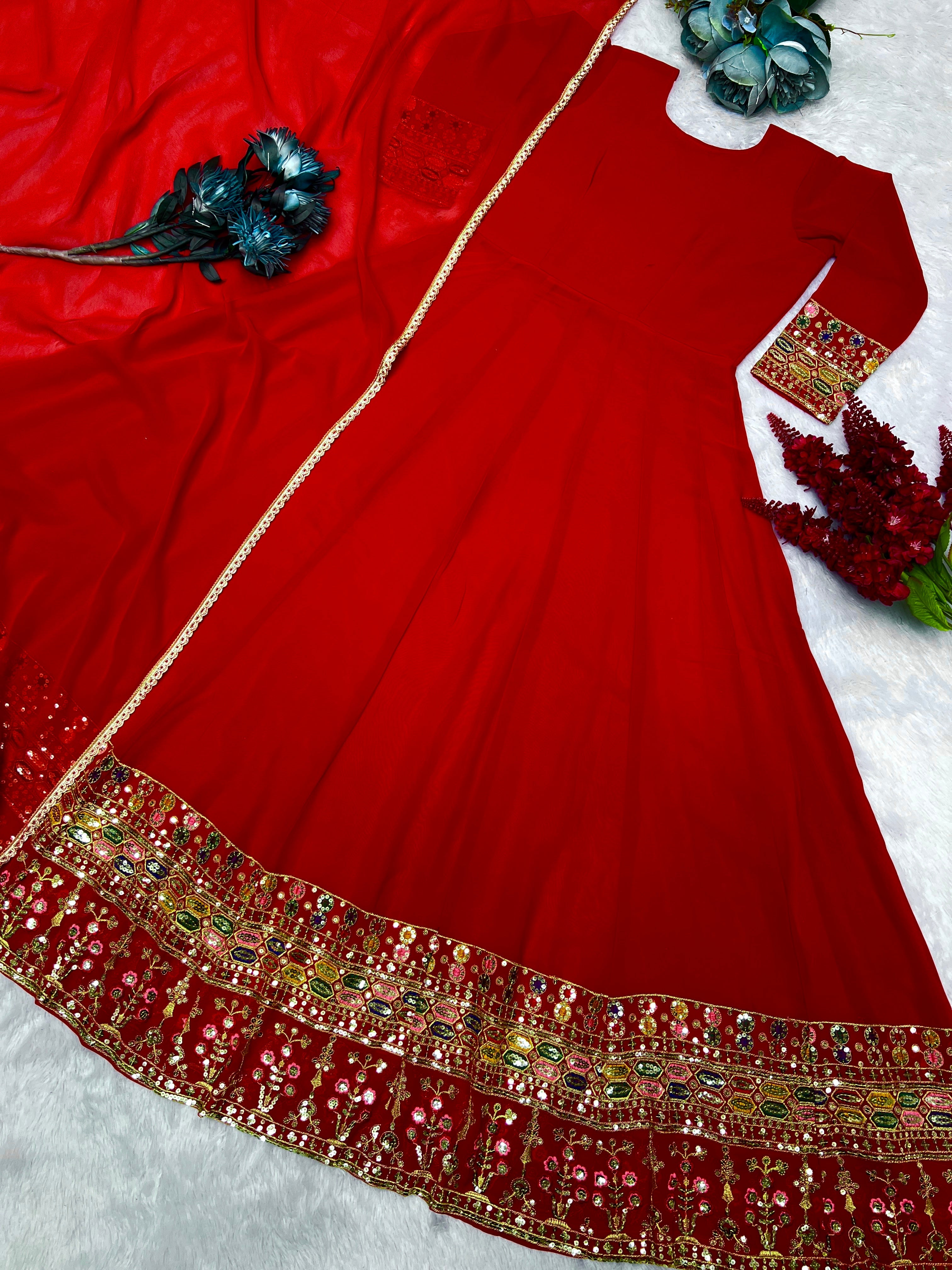 Designer Party Wear Gown & Dupatta With Embroidery And Sequins Work