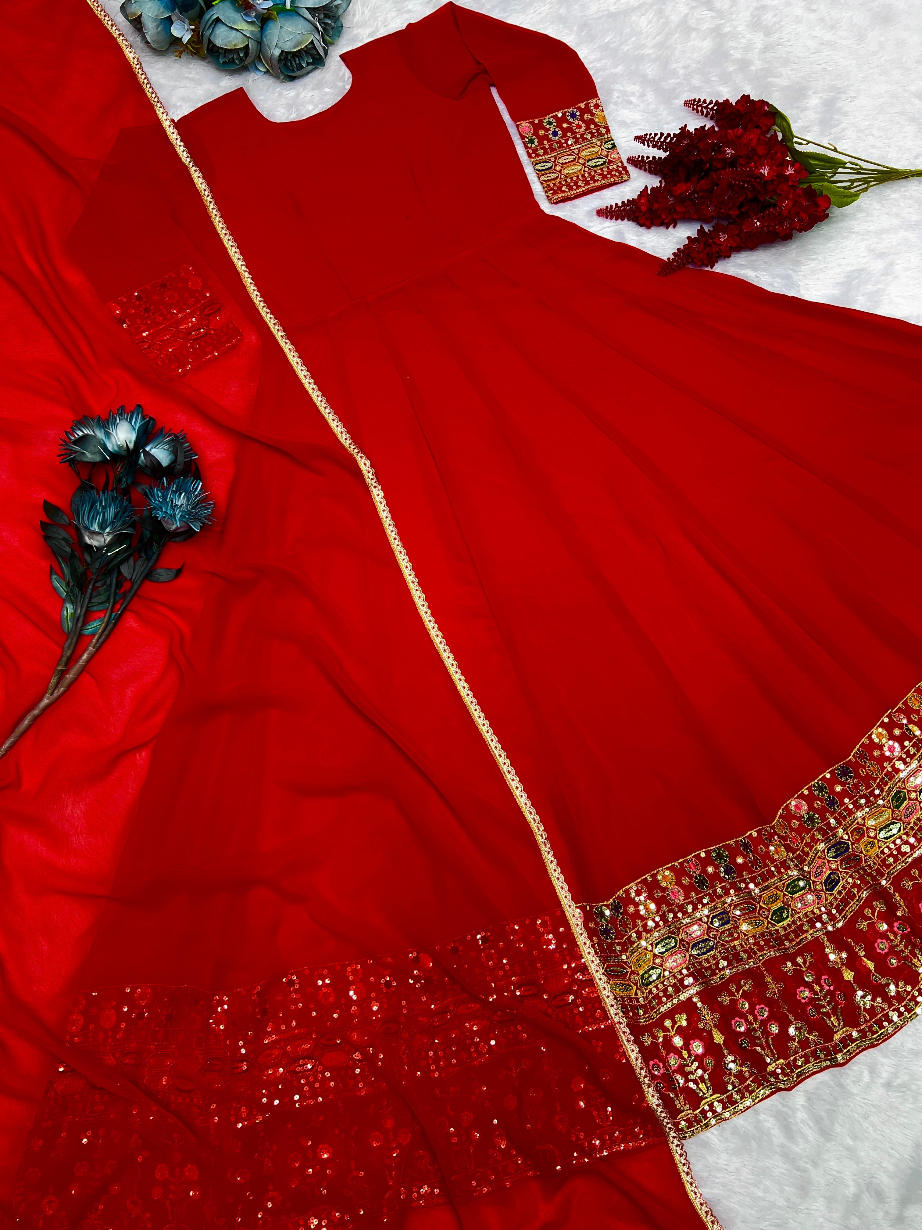 Designer Party Wear Gown & Dupatta With Embroidery And Sequins Work