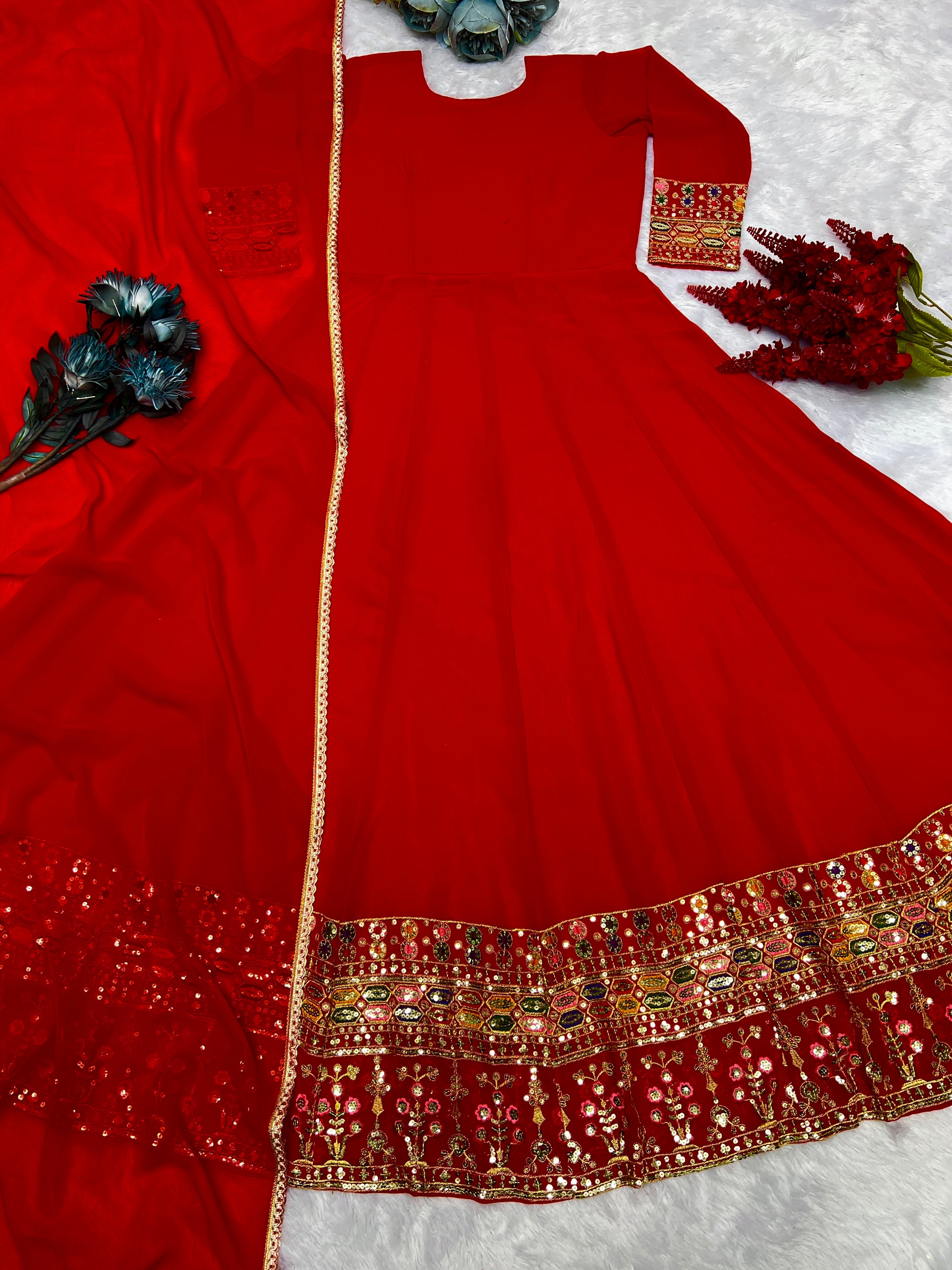 Designer Party Wear Gown & Dupatta With Embroidery And Sequins Work