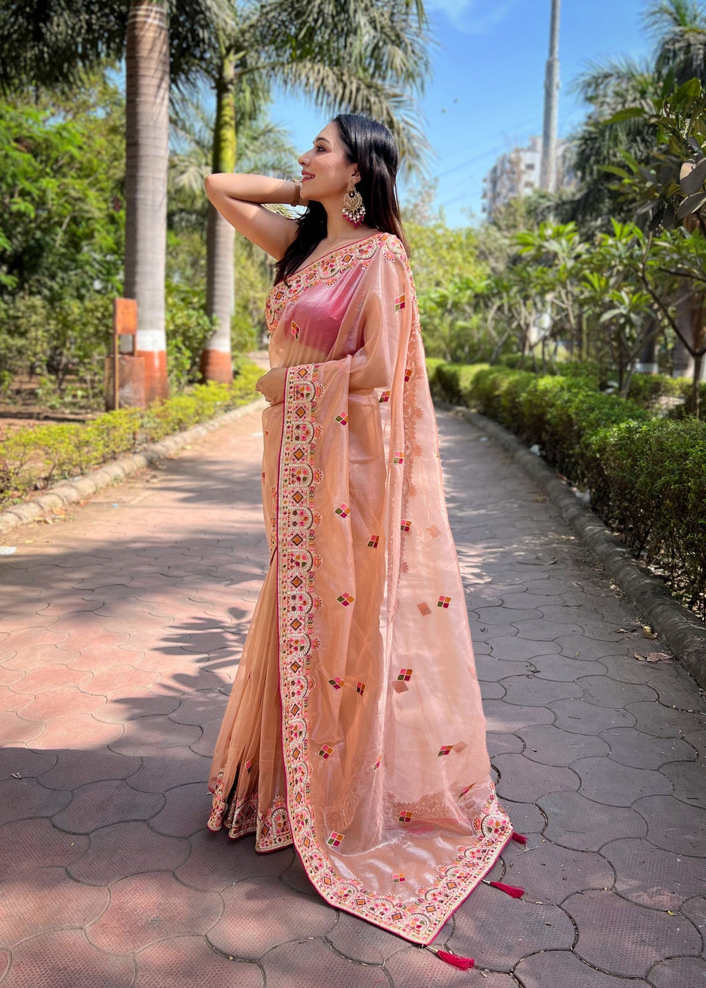 धागे और ज़री डोरी कढ़ाई के काम के साथ पार्टी वियर साड़ी