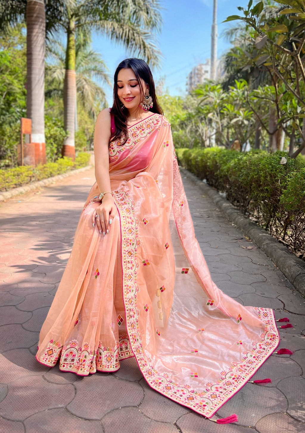 धागे और ज़री डोरी कढ़ाई के काम के साथ पार्टी वियर साड़ी