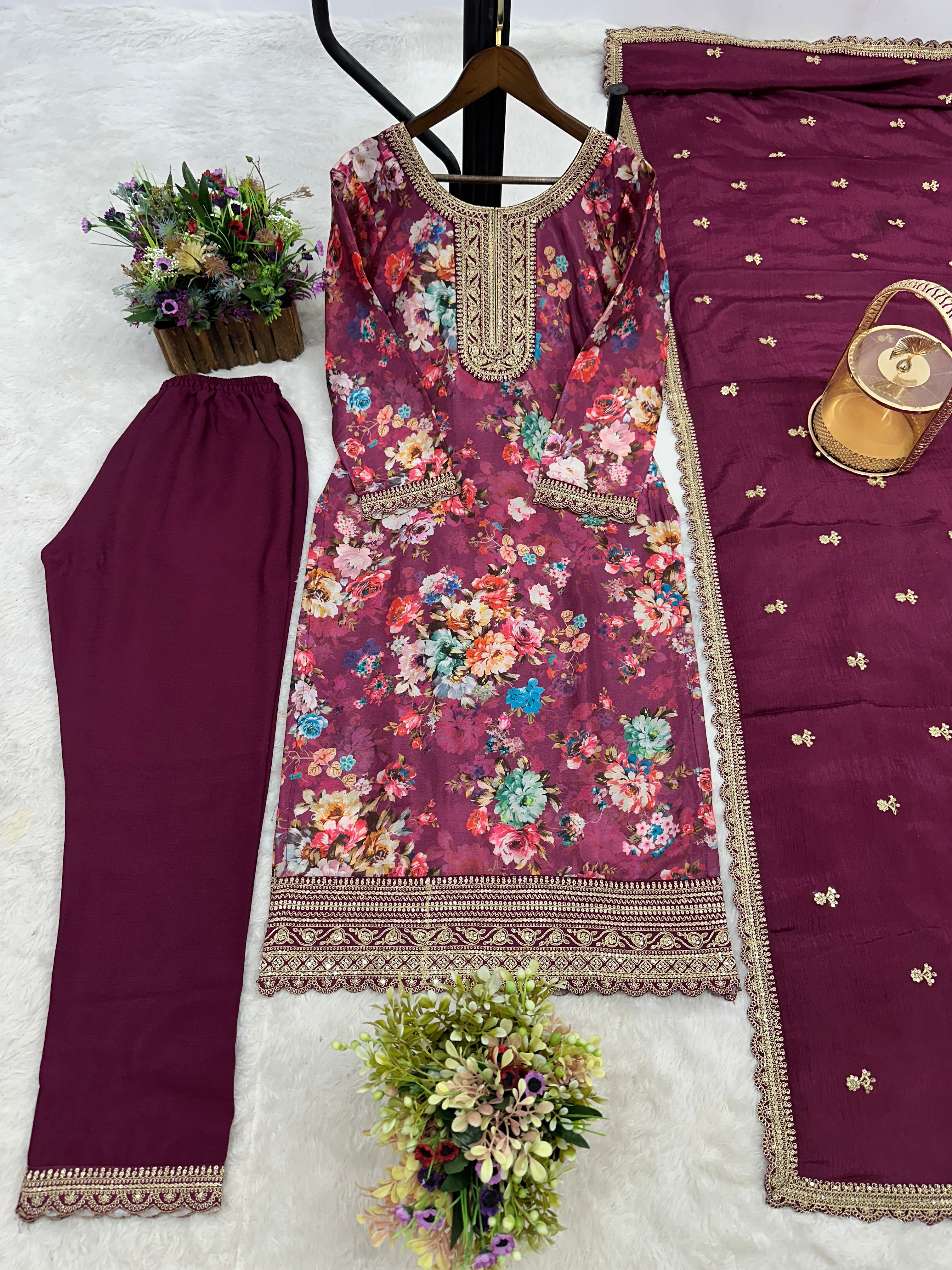 कढ़ाई अनुक्रम कोडिंग कार्य के साथ डिजाइनर सूट सेट