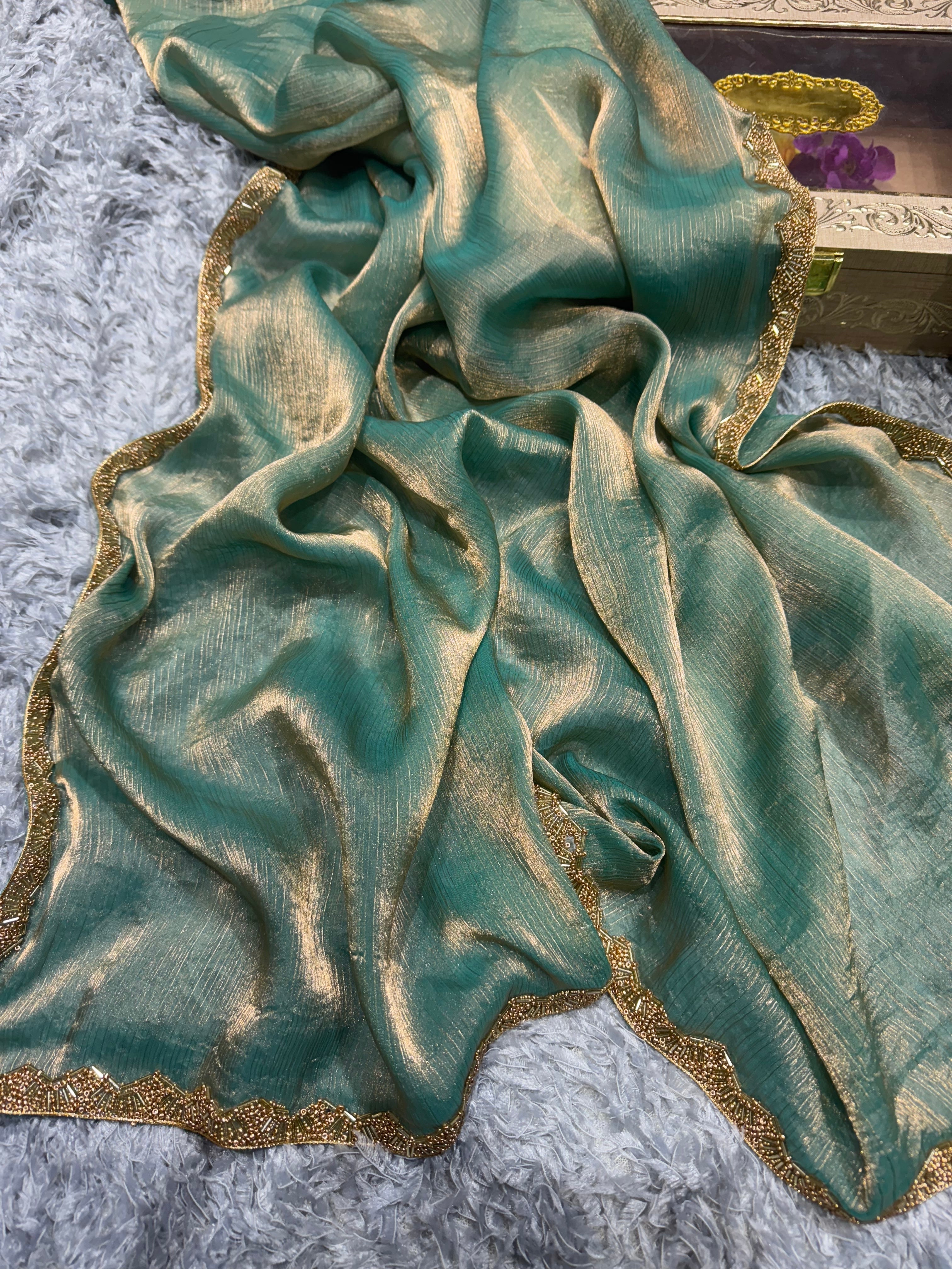 Designer Party Wear Saree With Katdana Moti Lace Border