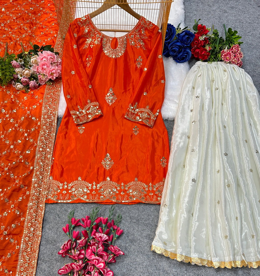 पार्टी वियर डिज़ाइनर टॉप और प्लाज़ो फैंसी दुपट्टे के साथ