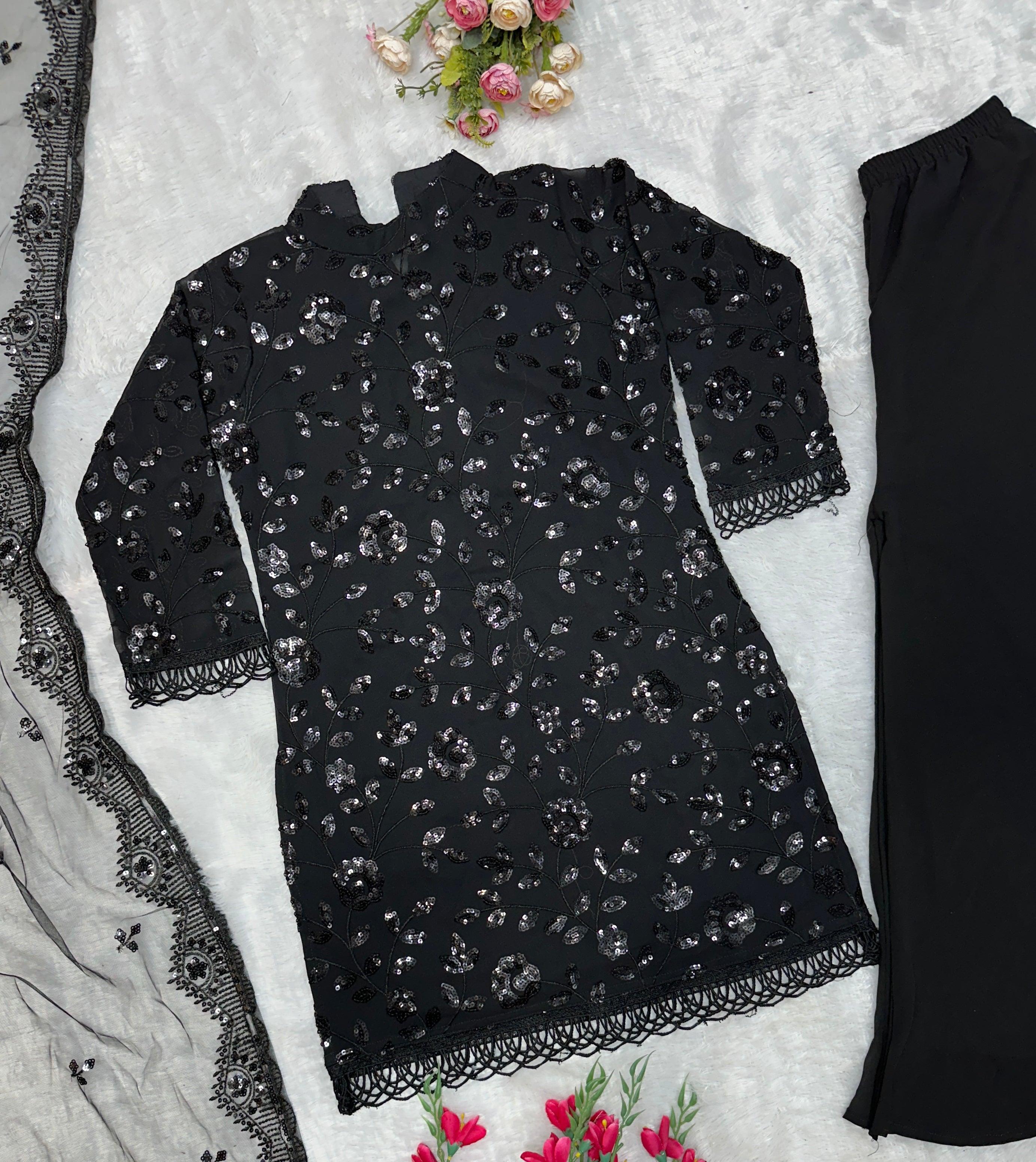 Designer Wear Top Bottom And Dupatta With Embroidery Work