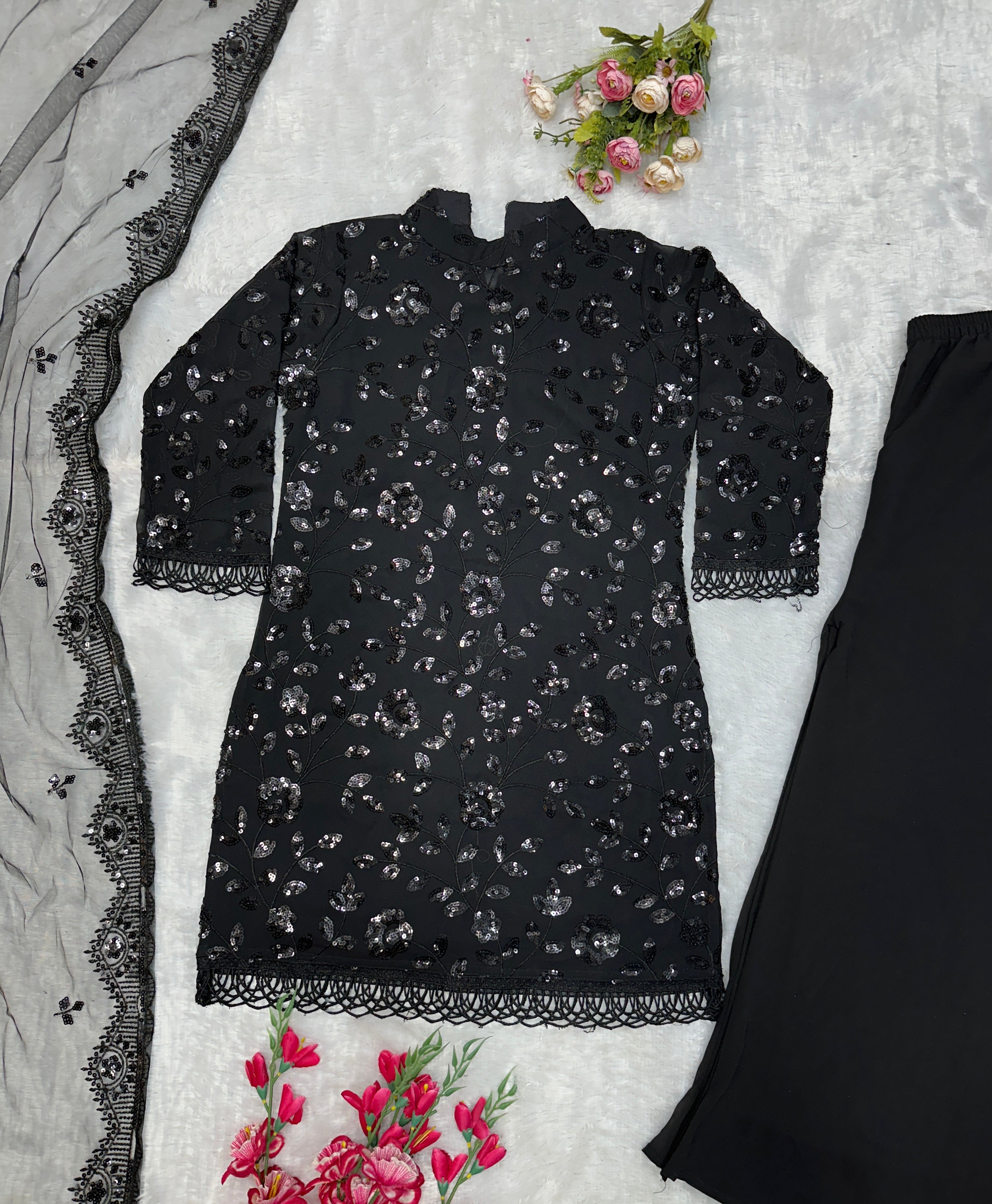 Designer Wear Top Bottom And Dupatta With Embroidery Work