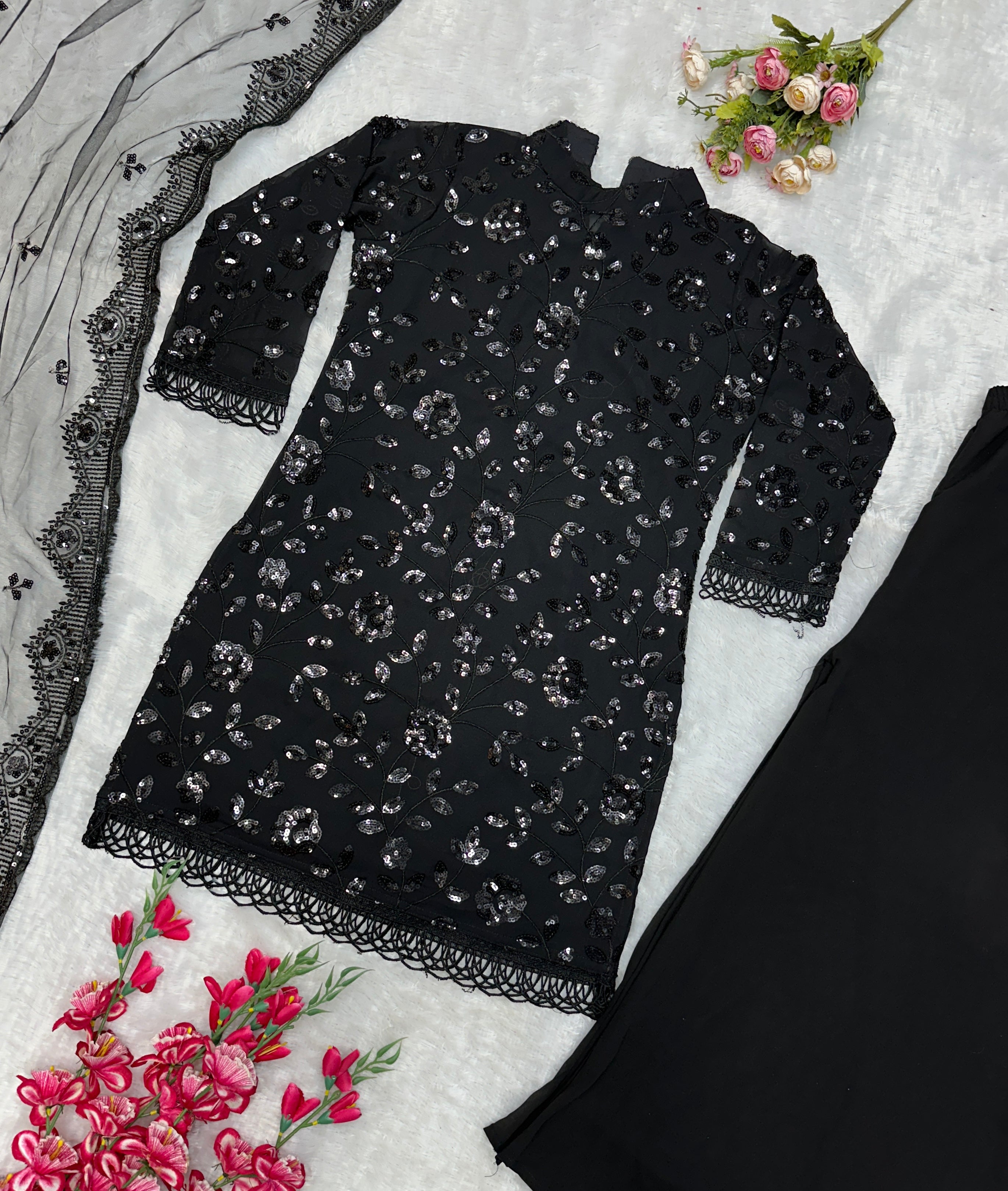 Designer Wear Top Bottom And Dupatta With Embroidery Work
