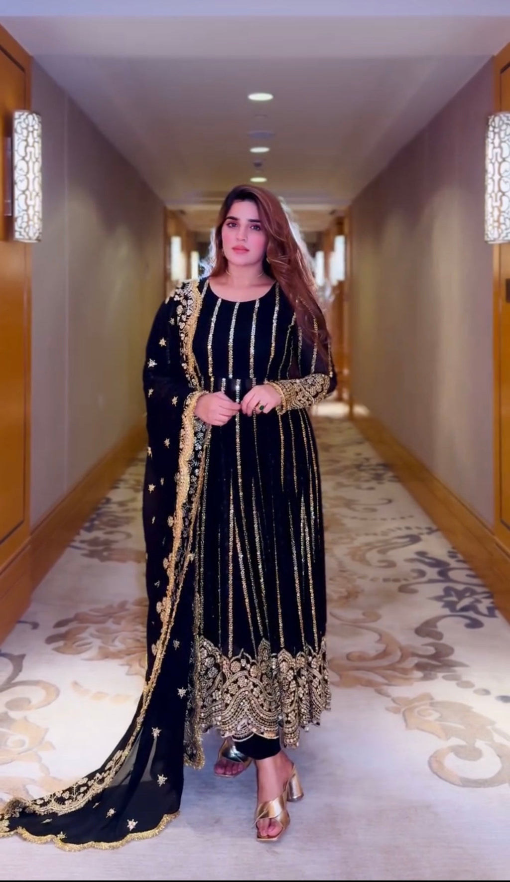 Fancy Naira Cut Gown, Bottom And Dupatta With Embroidery Sequence Work