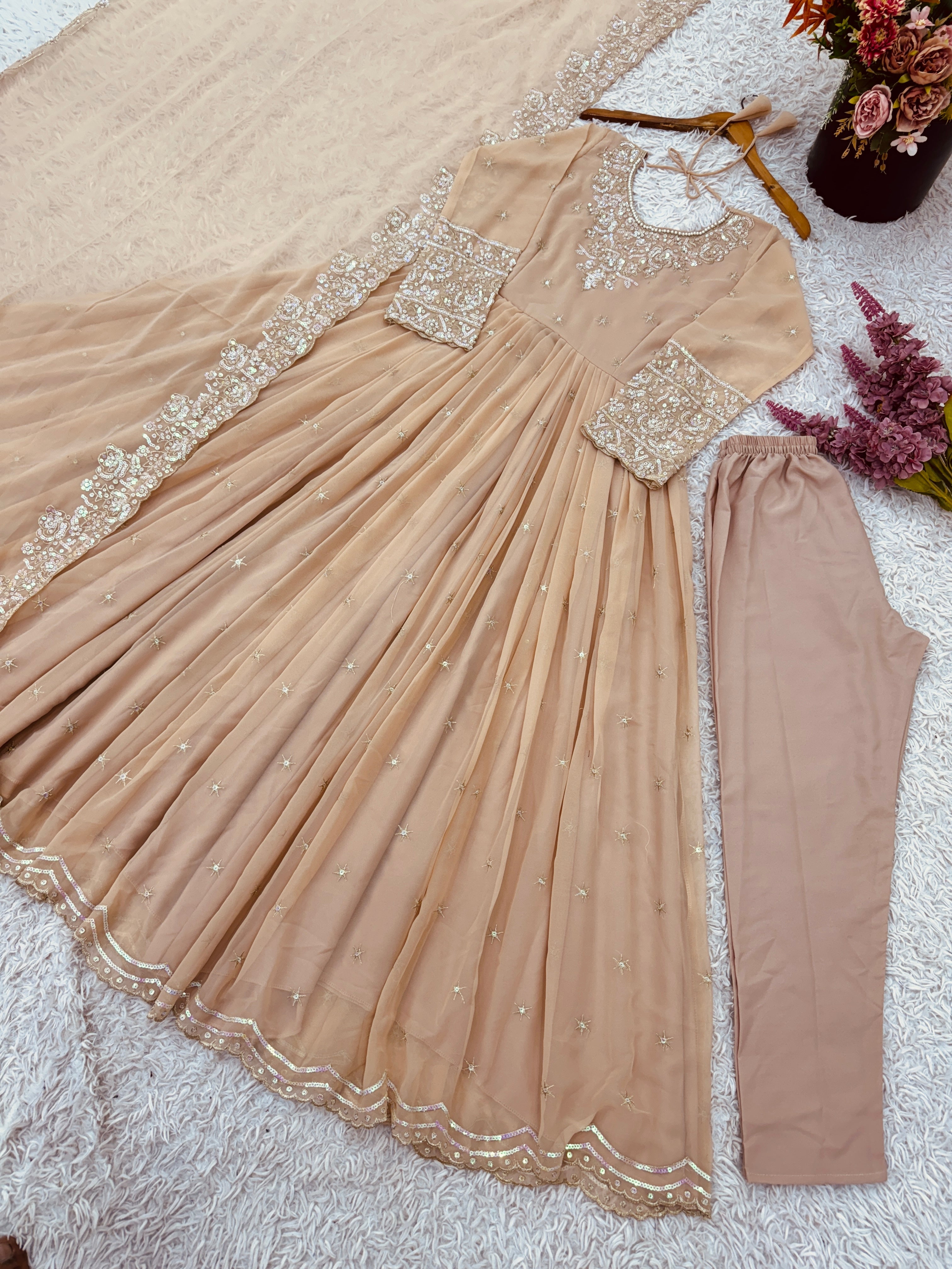 Designer Anarkali Gown With Embroidery Rainbow Sequence Work