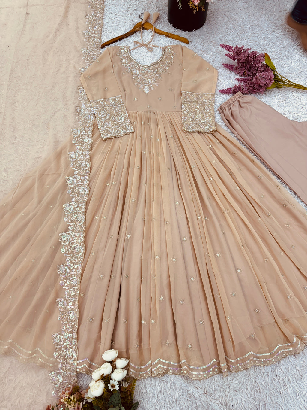 Designer Anarkali Gown With Embroidery Rainbow Sequence Work