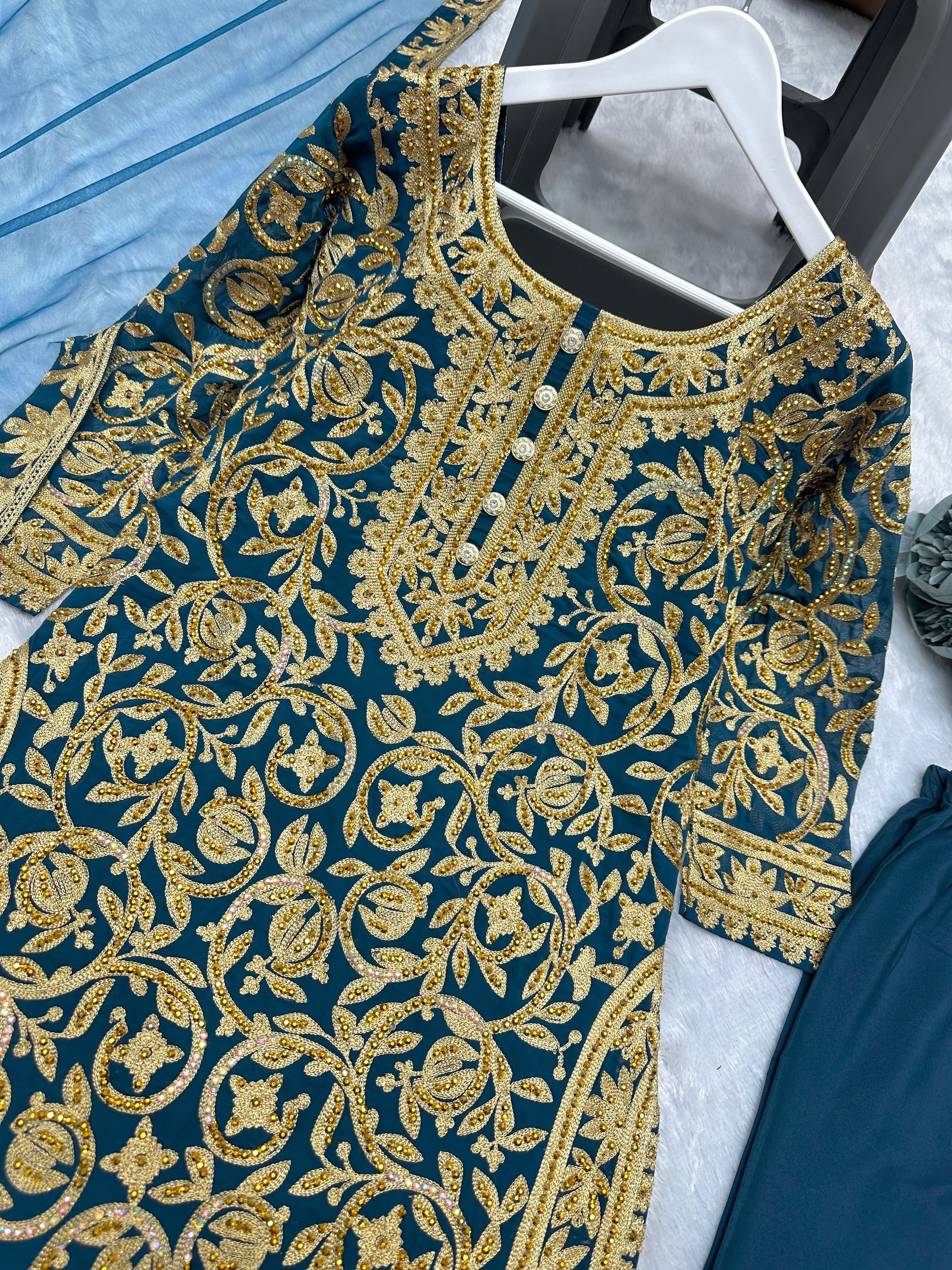 Beautiful Top - Bottom With Dupatta With Embroidery And Stone Hand Work