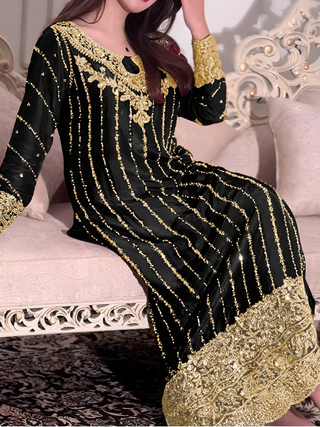 रिवेट मोती वर्क के साथ डिज़ाइनर पार्टी वियर लुक सूट सेट