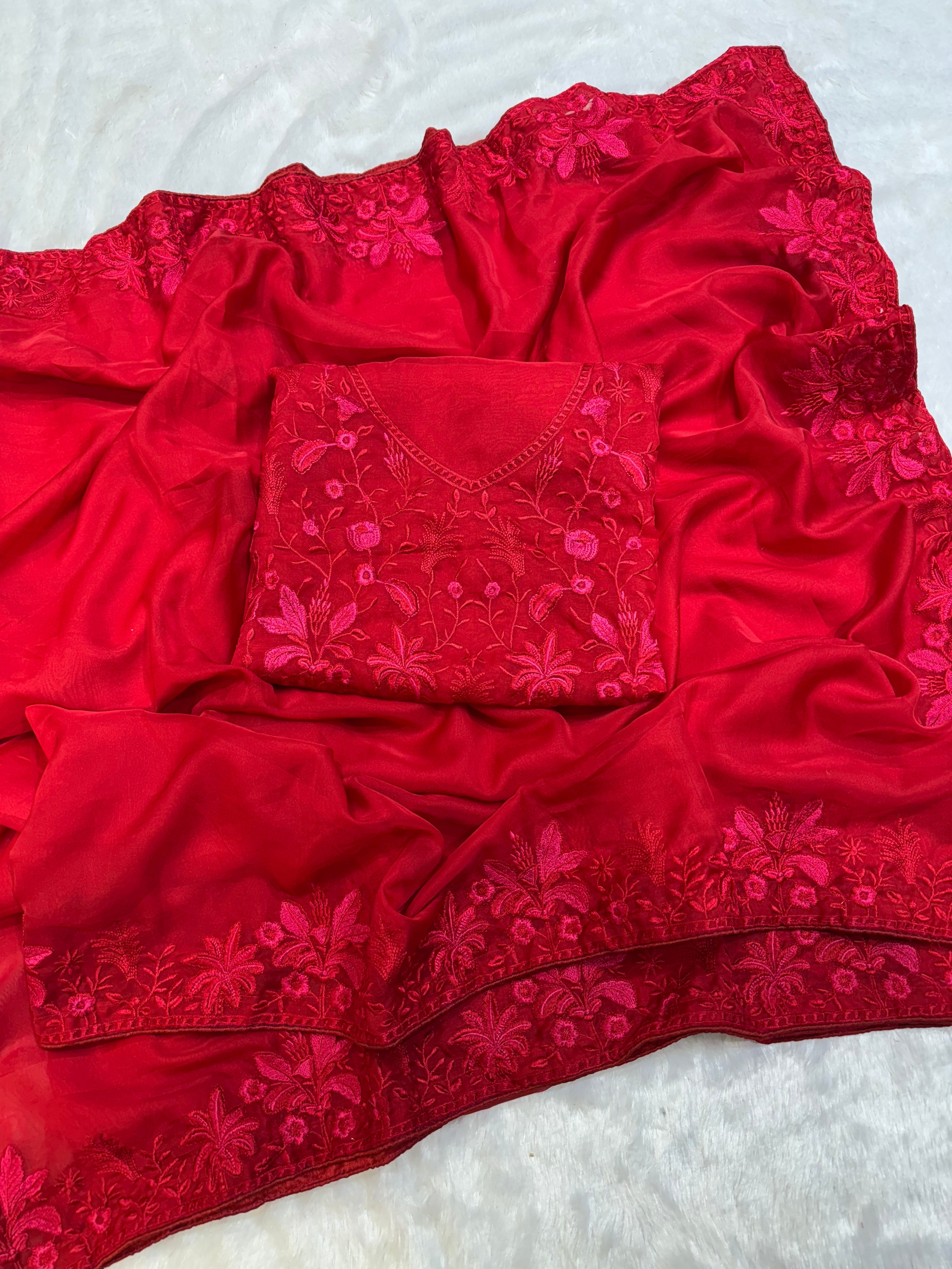 Designer Saree With Multicolored Thread Embroidery Work