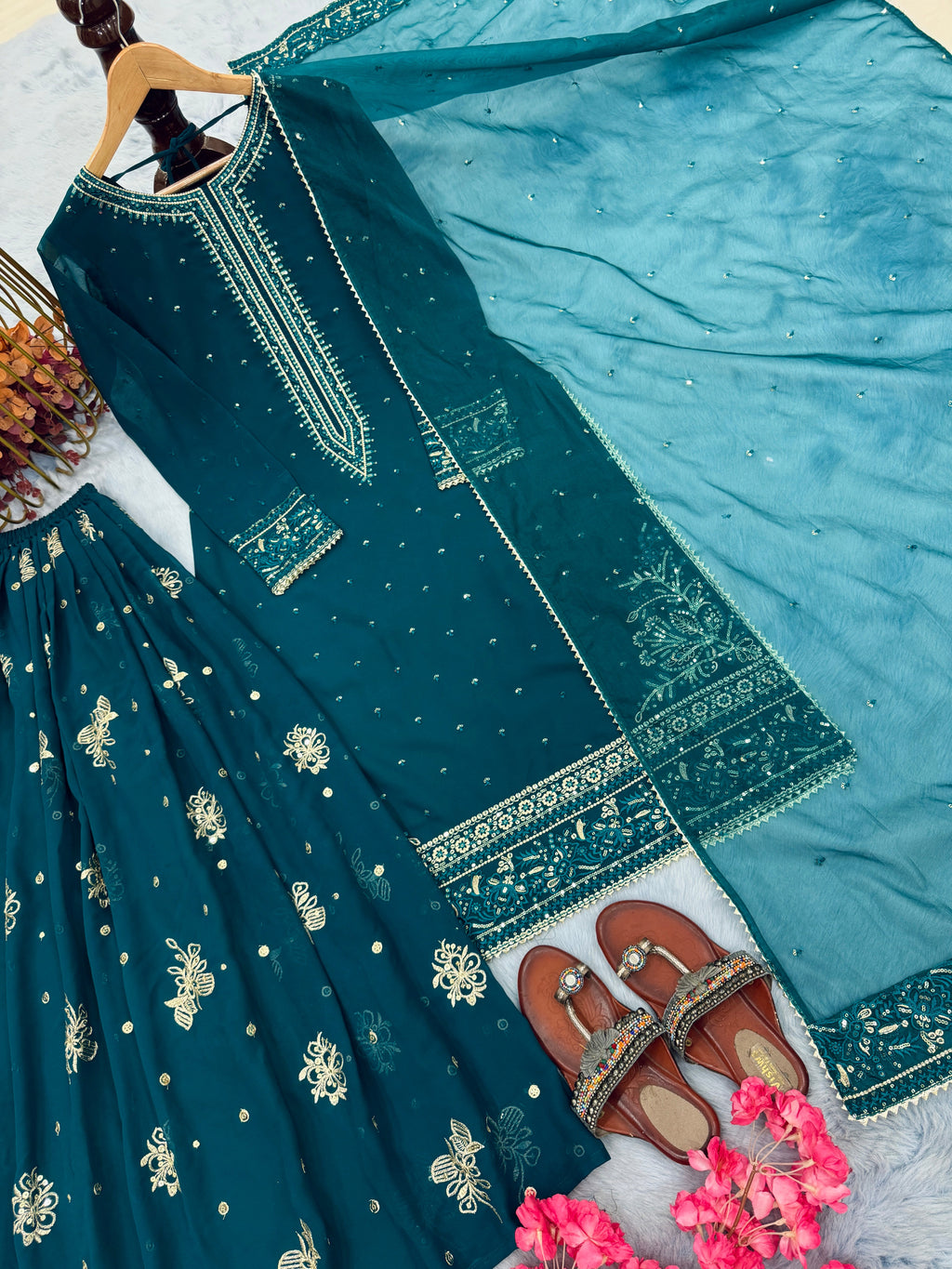 डिज़ाइनर पार्टी वियर लुक टॉप प्लाज़ो और खूबसूरत दुपट्टा सेट