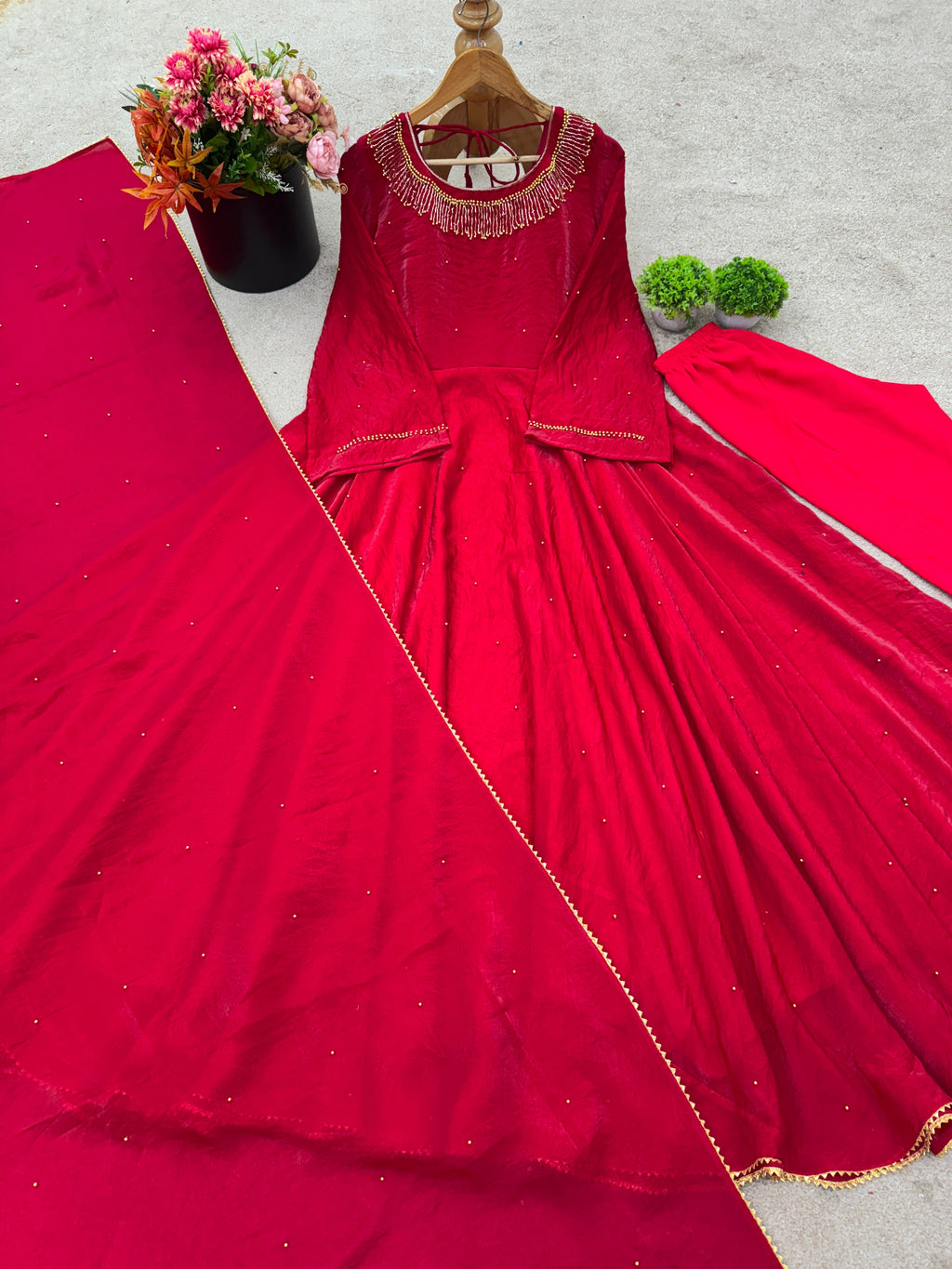 Party Wear Designer Anarkali Gown-Pent And Dupatta With Val Moti Work