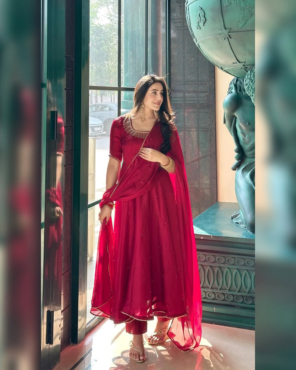 Party Wear Designer Anarkali Gown-Pent And Dupatta With Val Moti Work