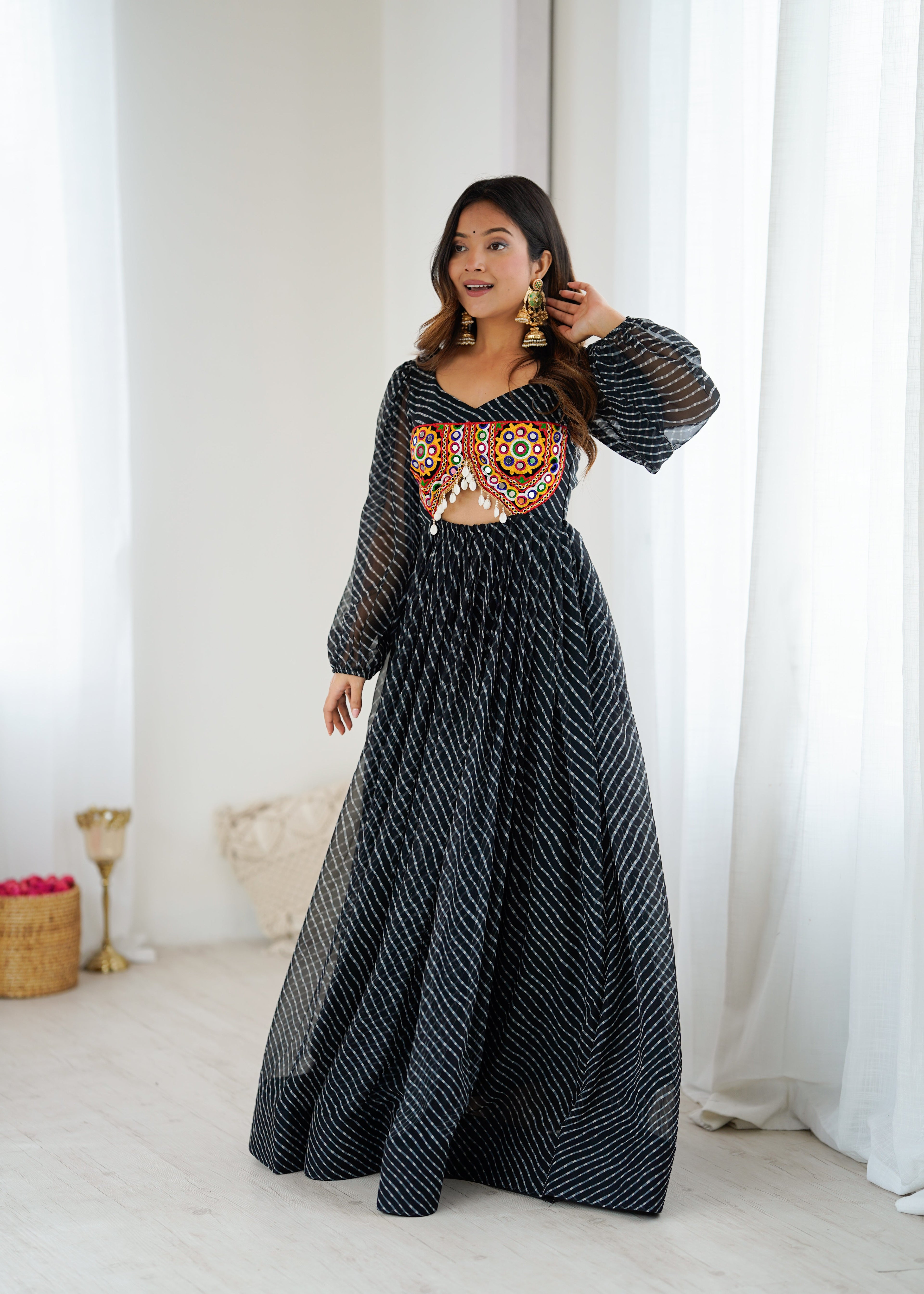 Designer Gown With Digital Print With Chain-Stitch Work