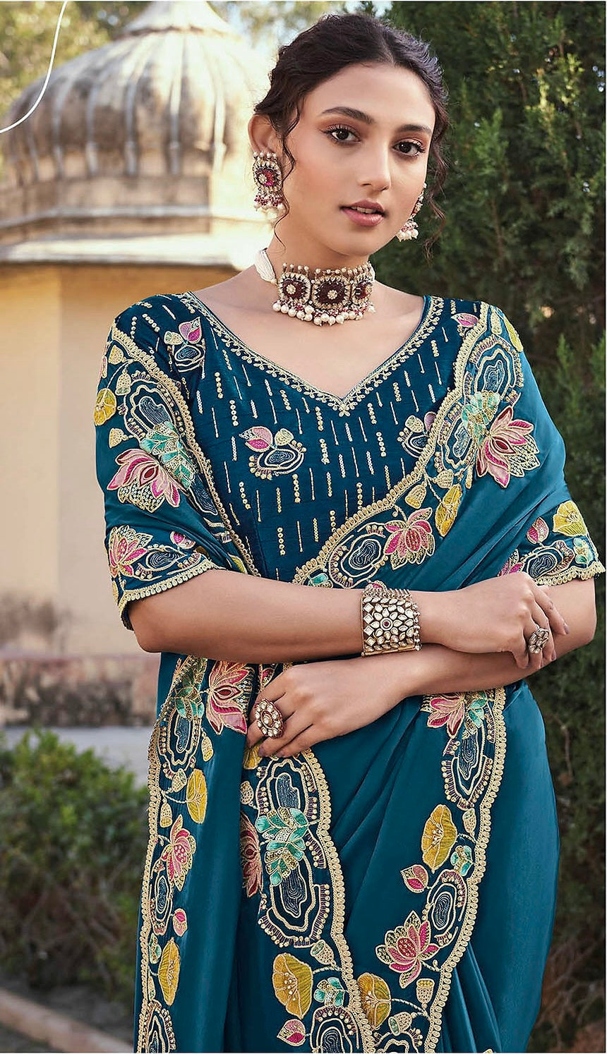 Designer Saree With Embroidery Multi Treads , Coding & Sequins Work