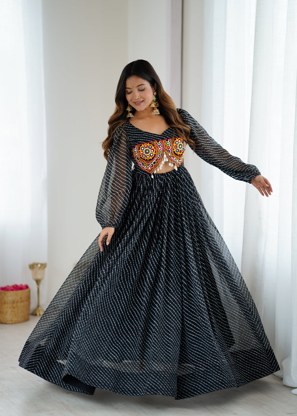 Designer Gown With Digital Print With Chain-Stitch Work