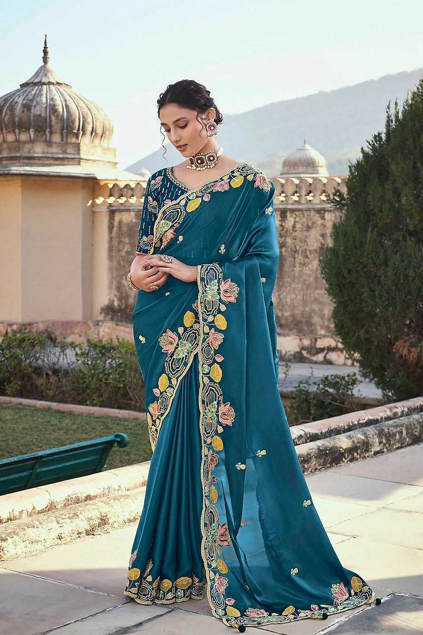 Designer Saree With Embroidery Multi Treads , Coding & Sequins Work