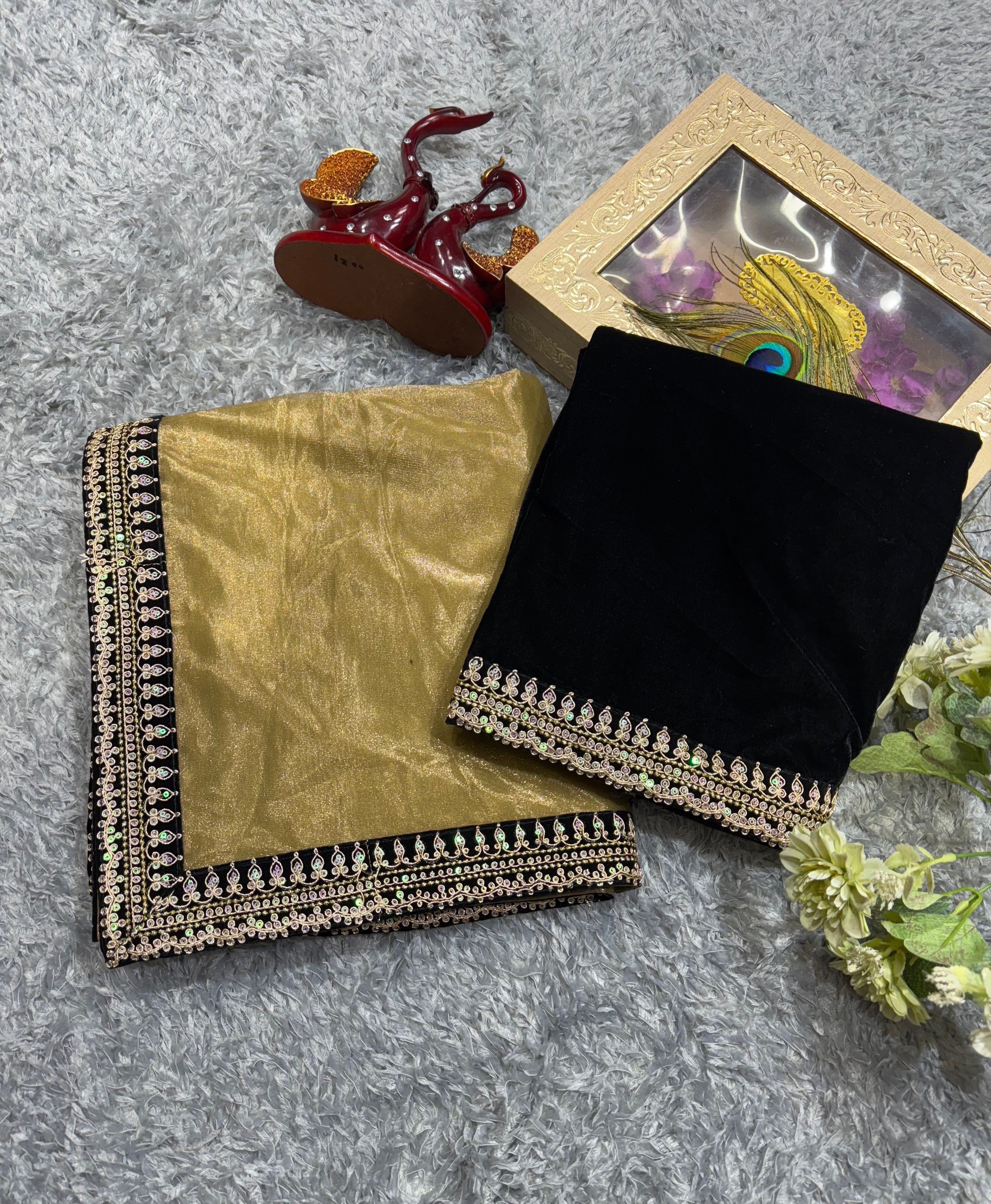 Designer Saree With Beautiful Sequence And Dori Embroidery Work Velvet Lace Border
