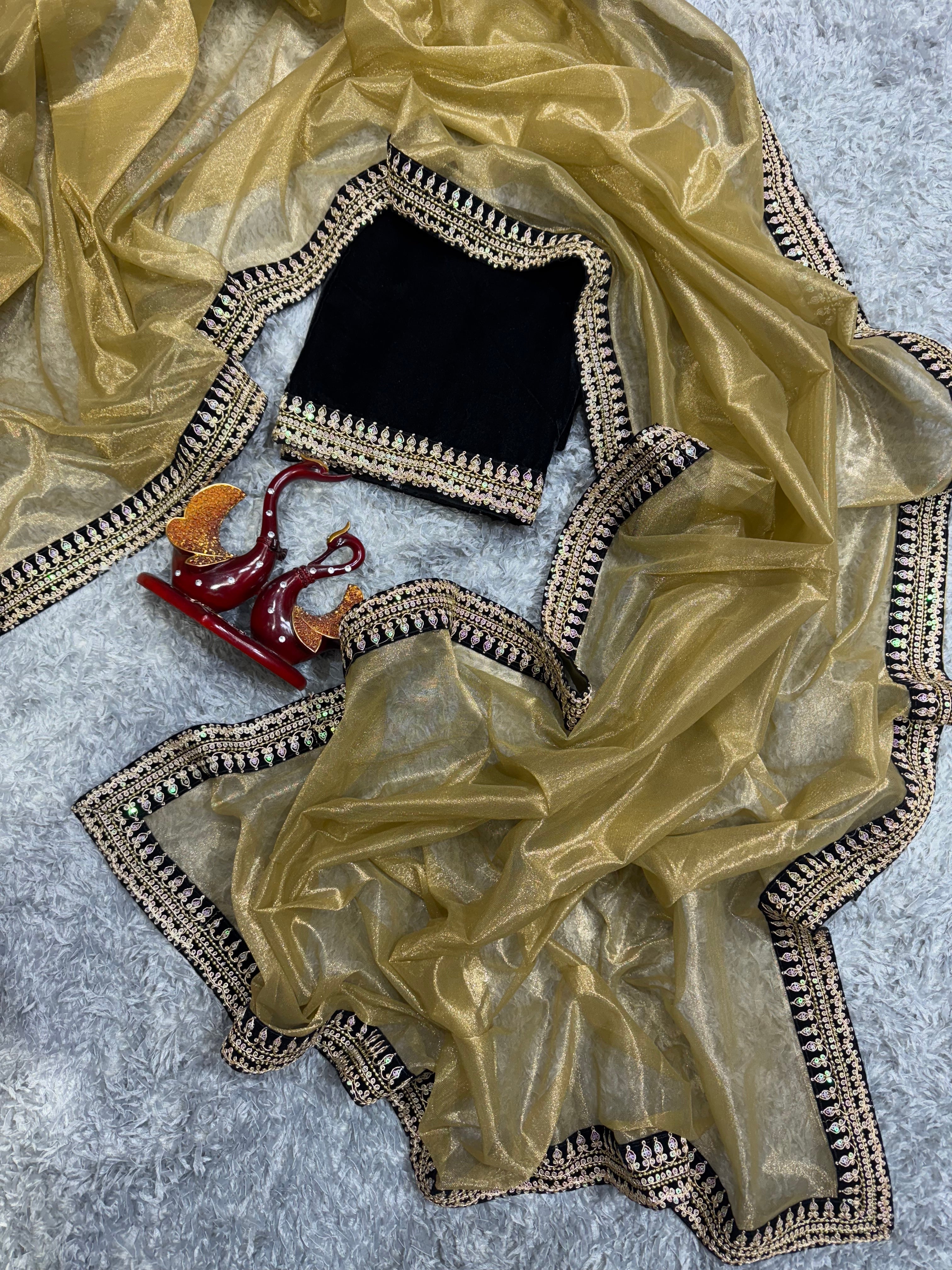 Designer Saree With Beautiful Sequence And Dori Embroidery Work Velvet Lace Border