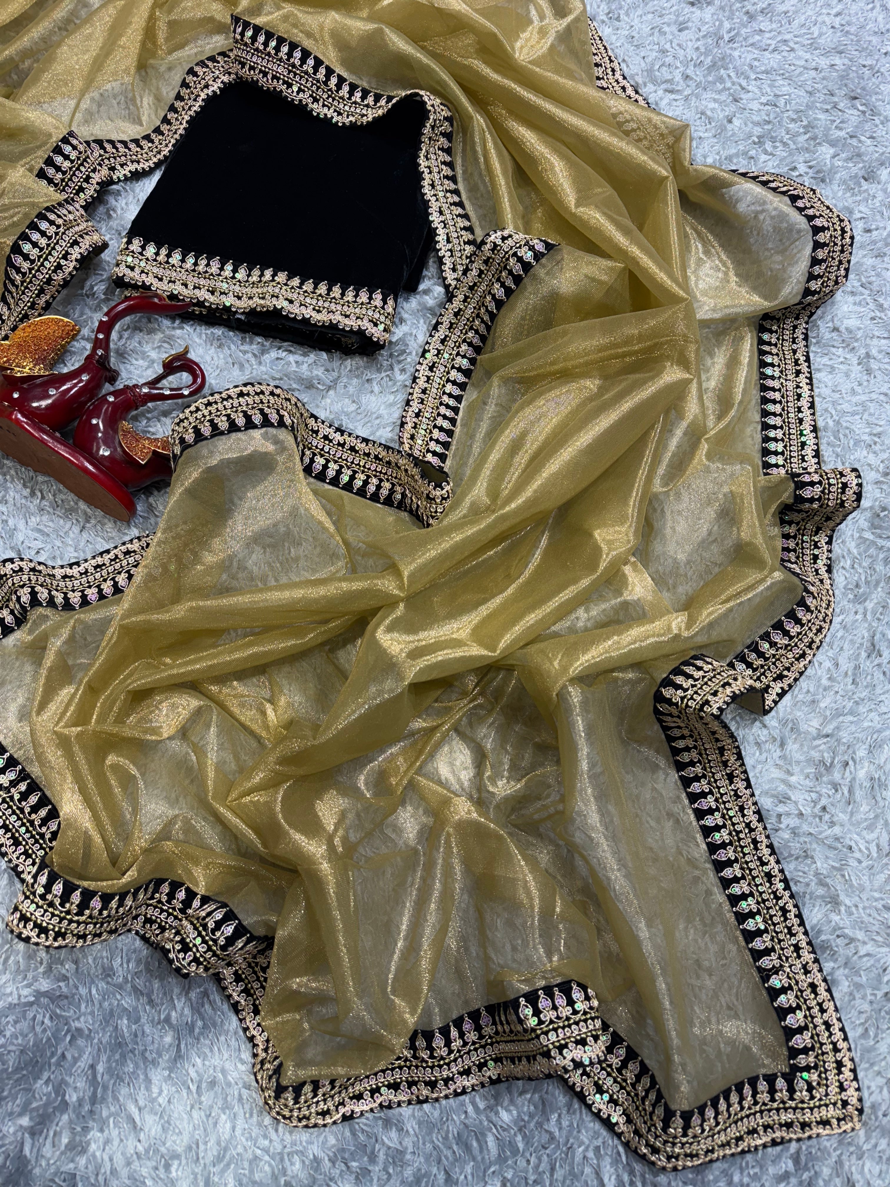 Designer Saree With Beautiful Sequence And Dori Embroidery Work Velvet Lace Border