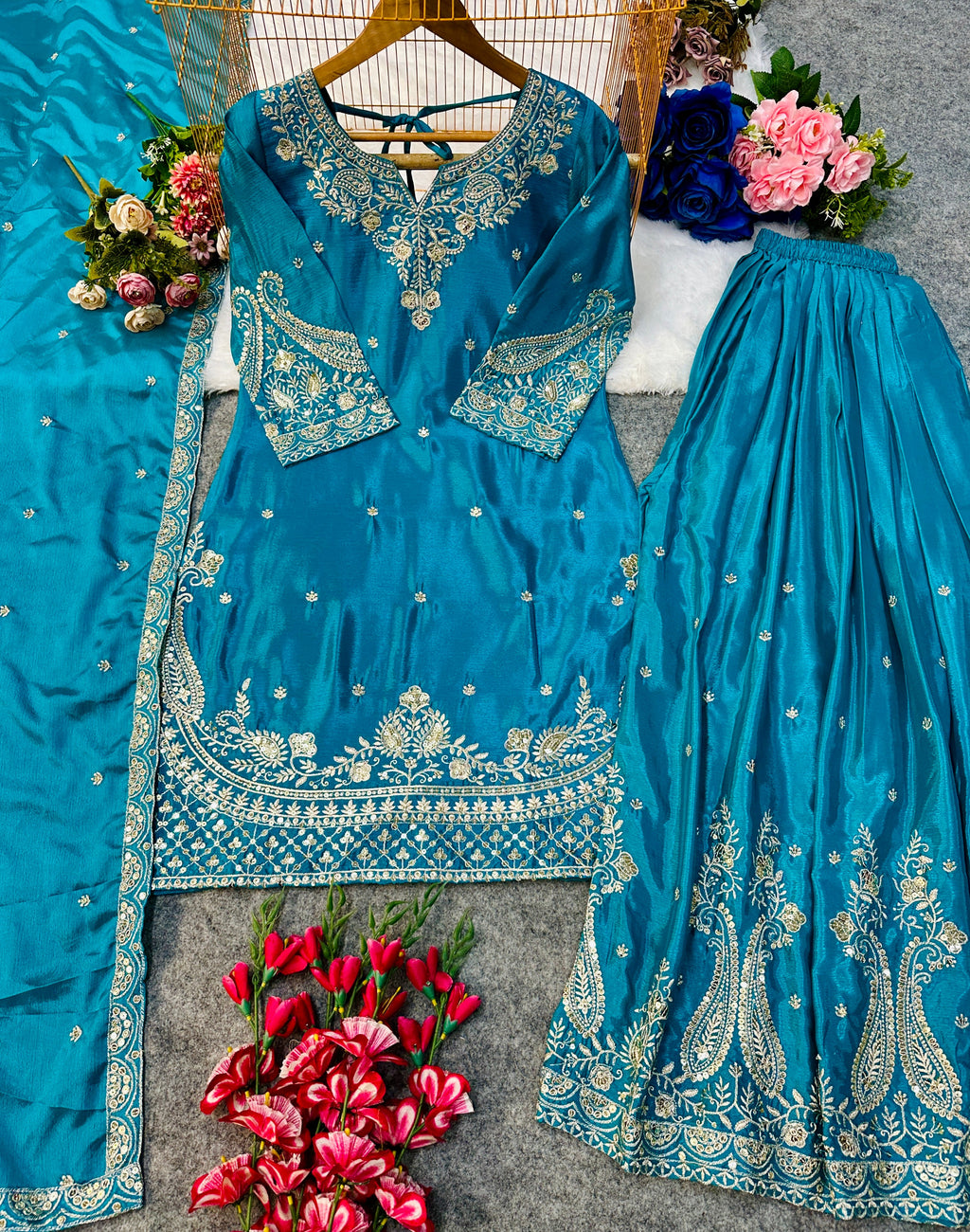 डिज़ाइनर पार्टी वियर टॉप बॉटम और दुपट्टा