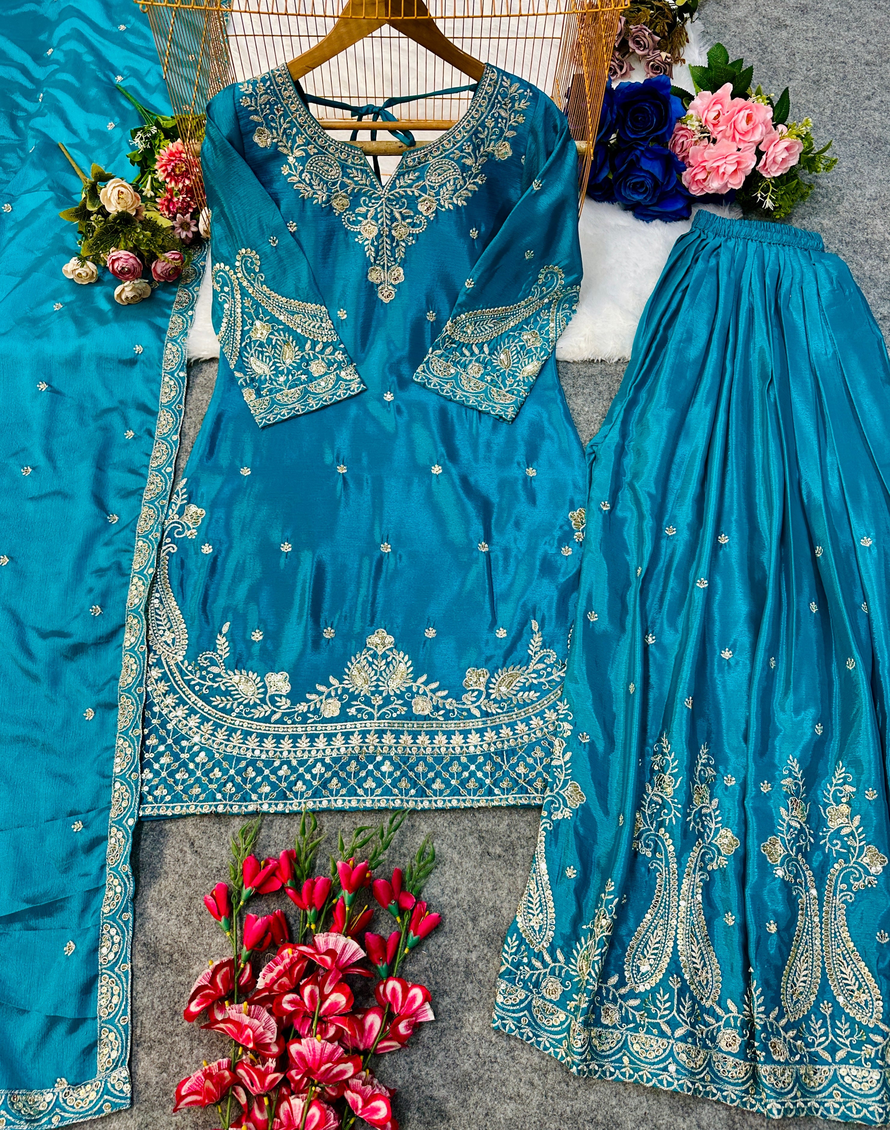 डिज़ाइनर पार्टी वियर टॉप बॉटम और दुपट्टा