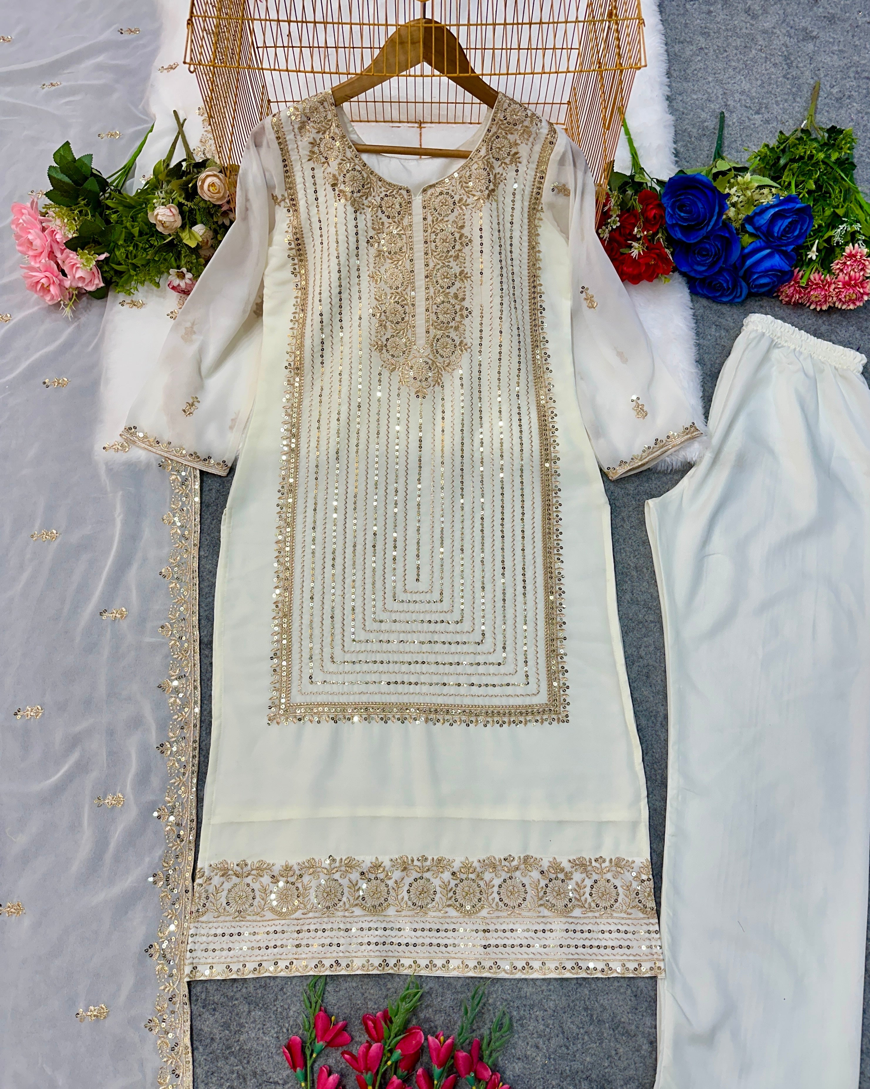 सुंदर दुपट्टे के साथ डिज़ाइनर पार्टी वियर टॉप और बॉटम