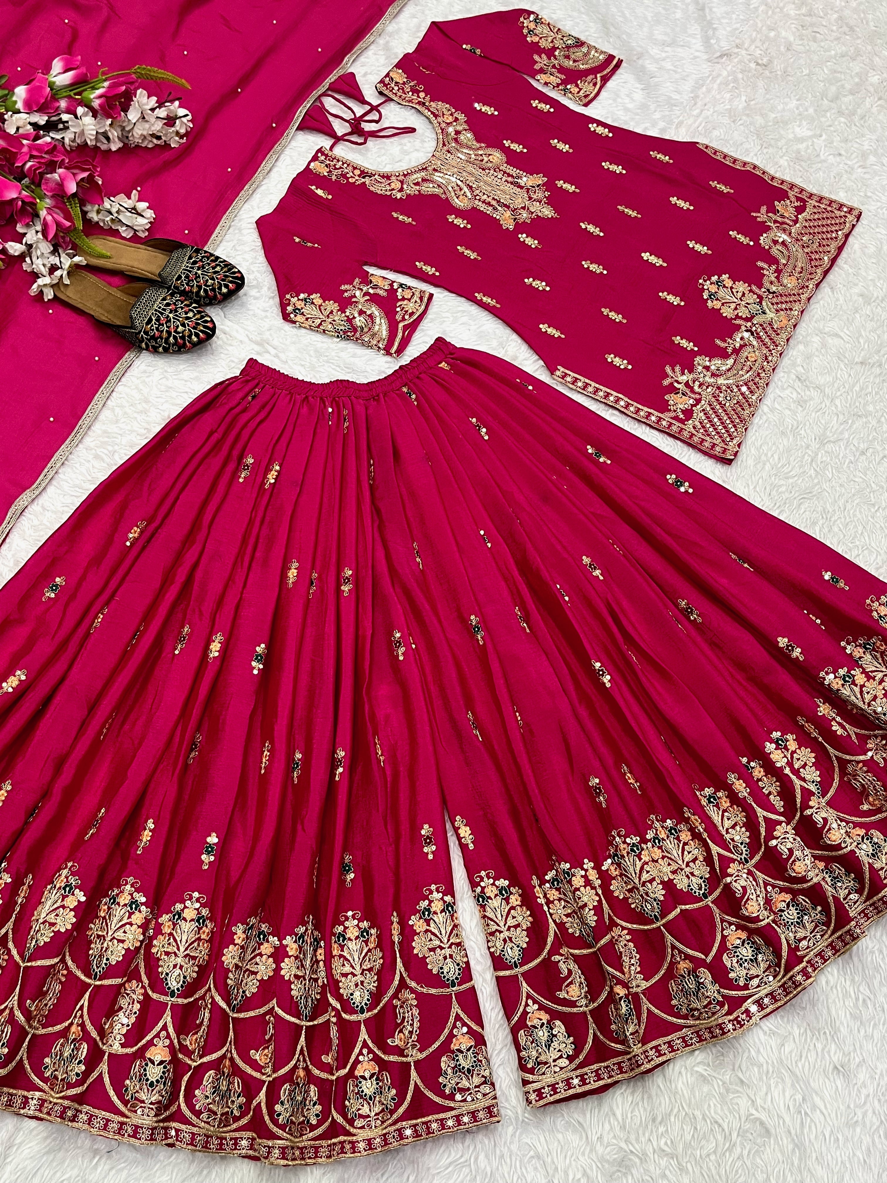 डिज़ाइनर पार्टी वियर लुक टॉप, शरारा प्लाज़ो और दुपट्टा