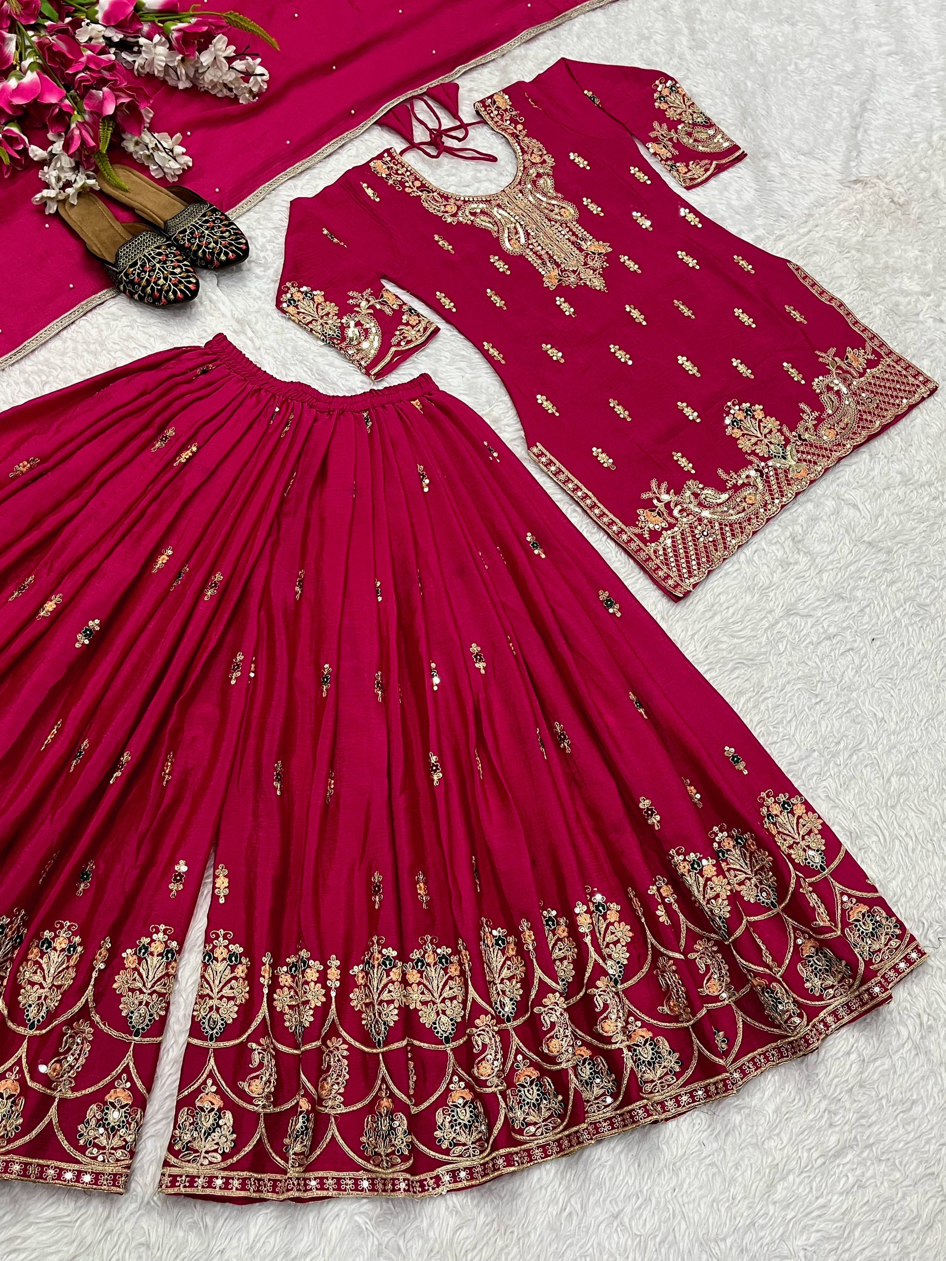 डिज़ाइनर पार्टी वियर लुक टॉप, शरारा प्लाज़ो और दुपट्टा