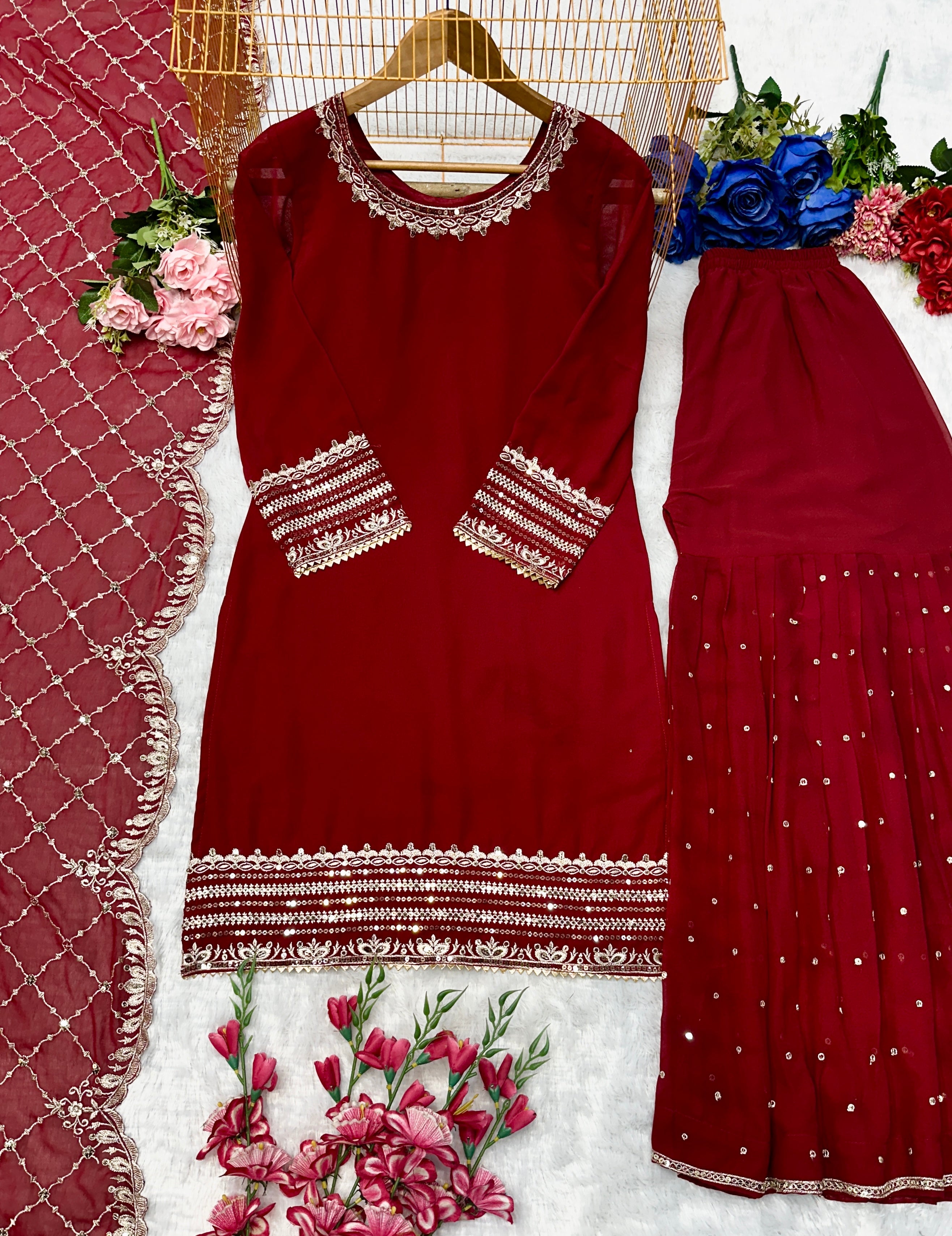 Beautiful Party Wear Top And Sharara With Dupatta With Embroidery Work