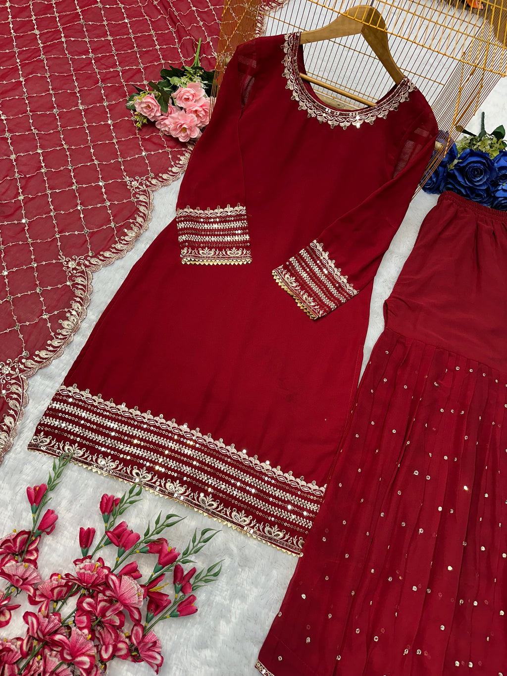 Beautiful Party Wear Top And Sharara With Dupatta With Embroidery Work