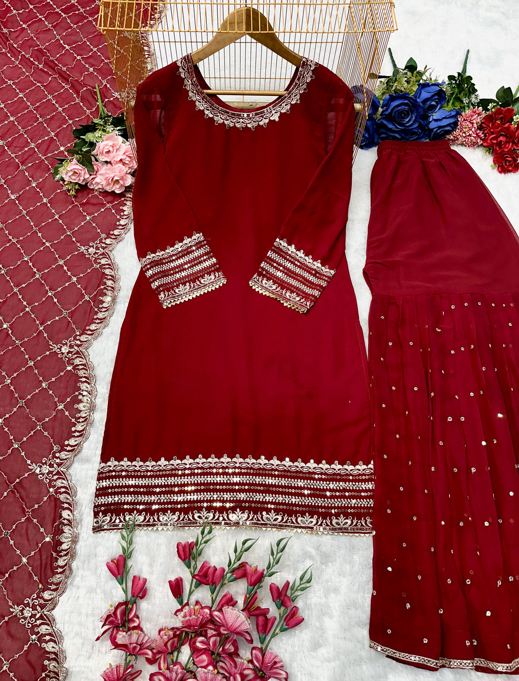 Beautiful Party Wear Top And Sharara With Dupatta With Embroidery Work